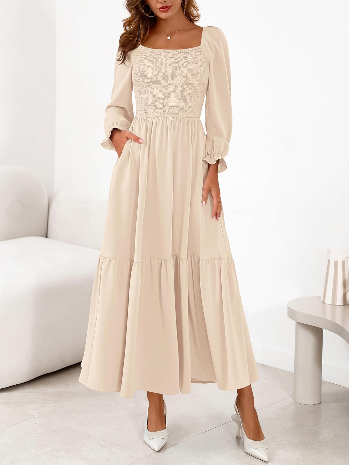 MASCOMODA Womens 2026 Spring Long Sleeve Casual Midi Dress Smocked Square Neck High Waist Flowy A Line Wedding Guest Dresses - Image 2