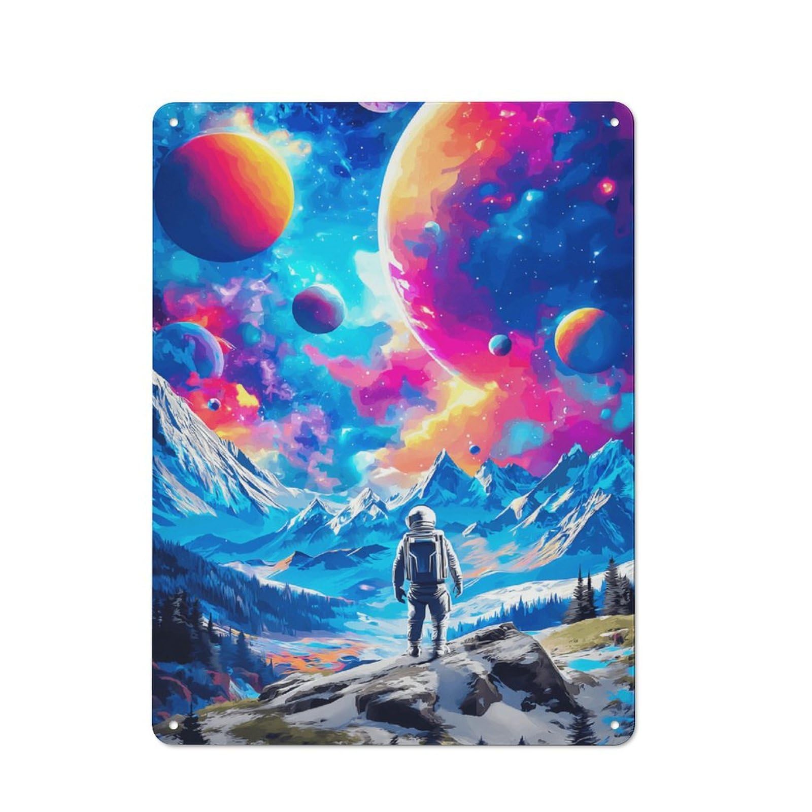 Junmoney Astronaut Gazing At Colorful Planets -1 Metal Wall Sign 40X30cm Featuring For Bar Or Restaurant, For Themed Interiors In Bars And Restaurants