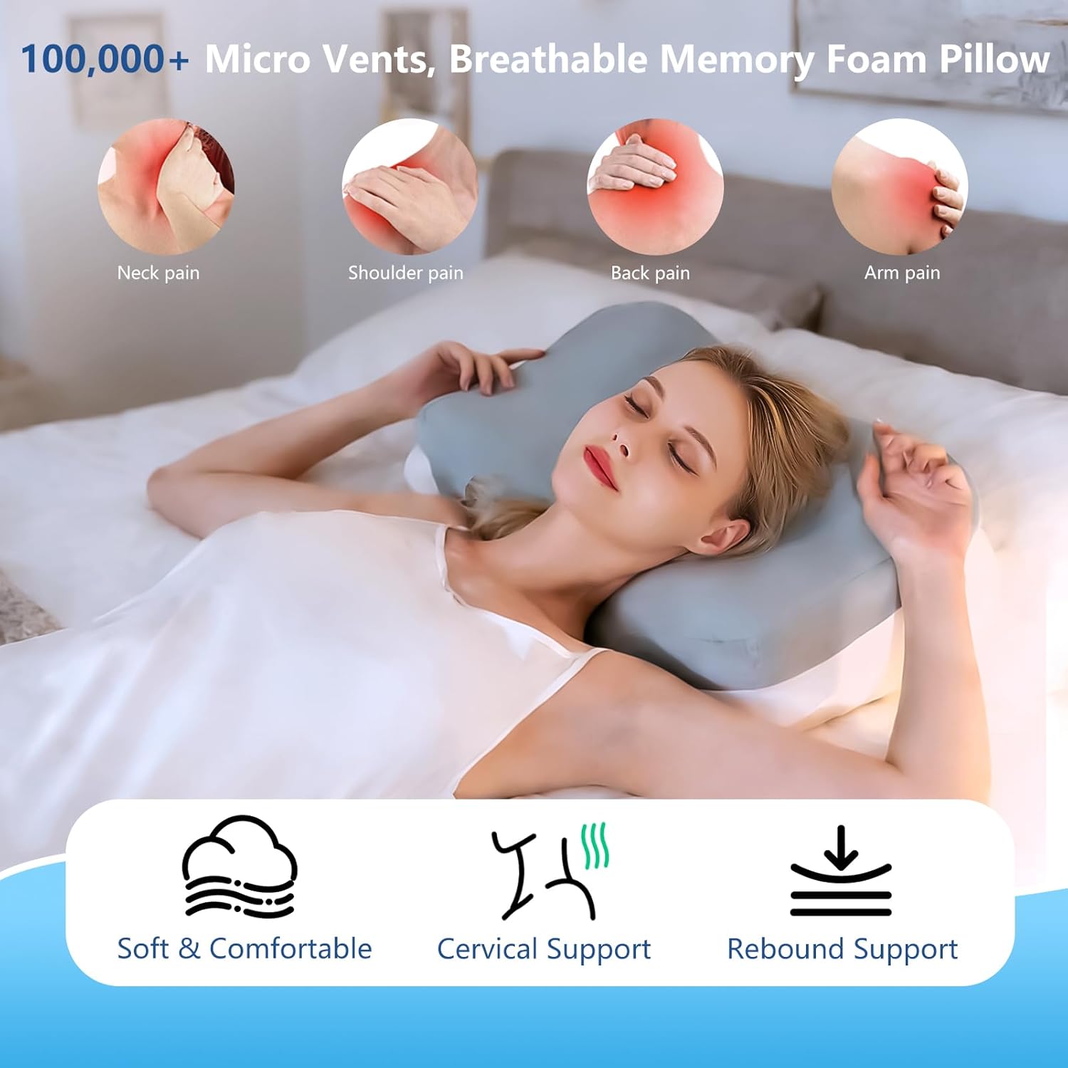 Cervical Neck Pillow for Pain Relief Memory Foam Pillow with Cooling Removable Cover Side/Back/Stomach Sleeper Pillow for Adults Ergonomic Horn Design Support Neck & Shoulder 23.6in*14.5in*4.7/5.1in