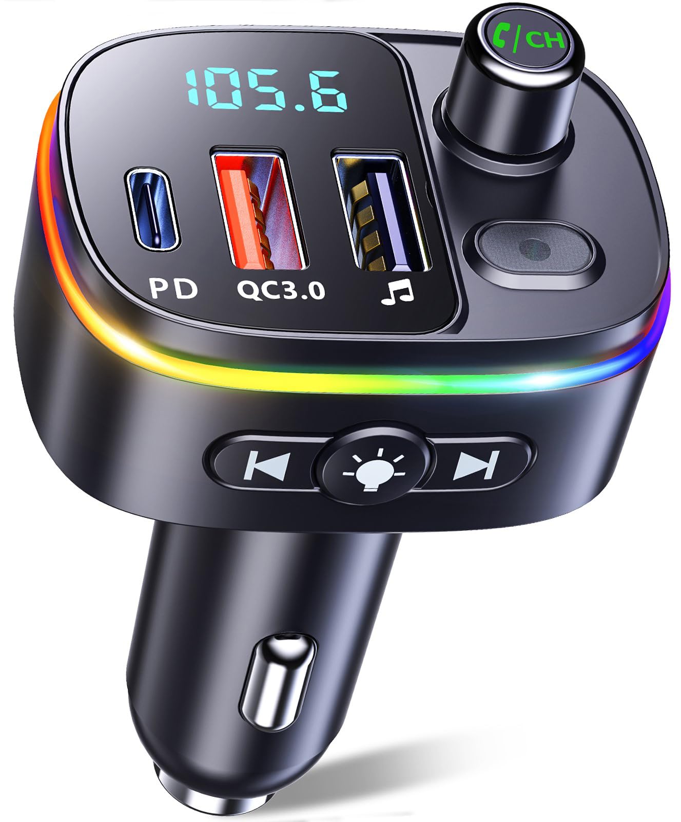 Mohard Bluetooth Auto, QC3.0 & PD 18W USB C Trasmettitore FM Bluetooth Auto, Supporto Chiamate Vivavoce Adattatore Radio Veicoli Caricabatterie per GPS, 9 RGB Retroilluminati Hifi Siri Assistant
