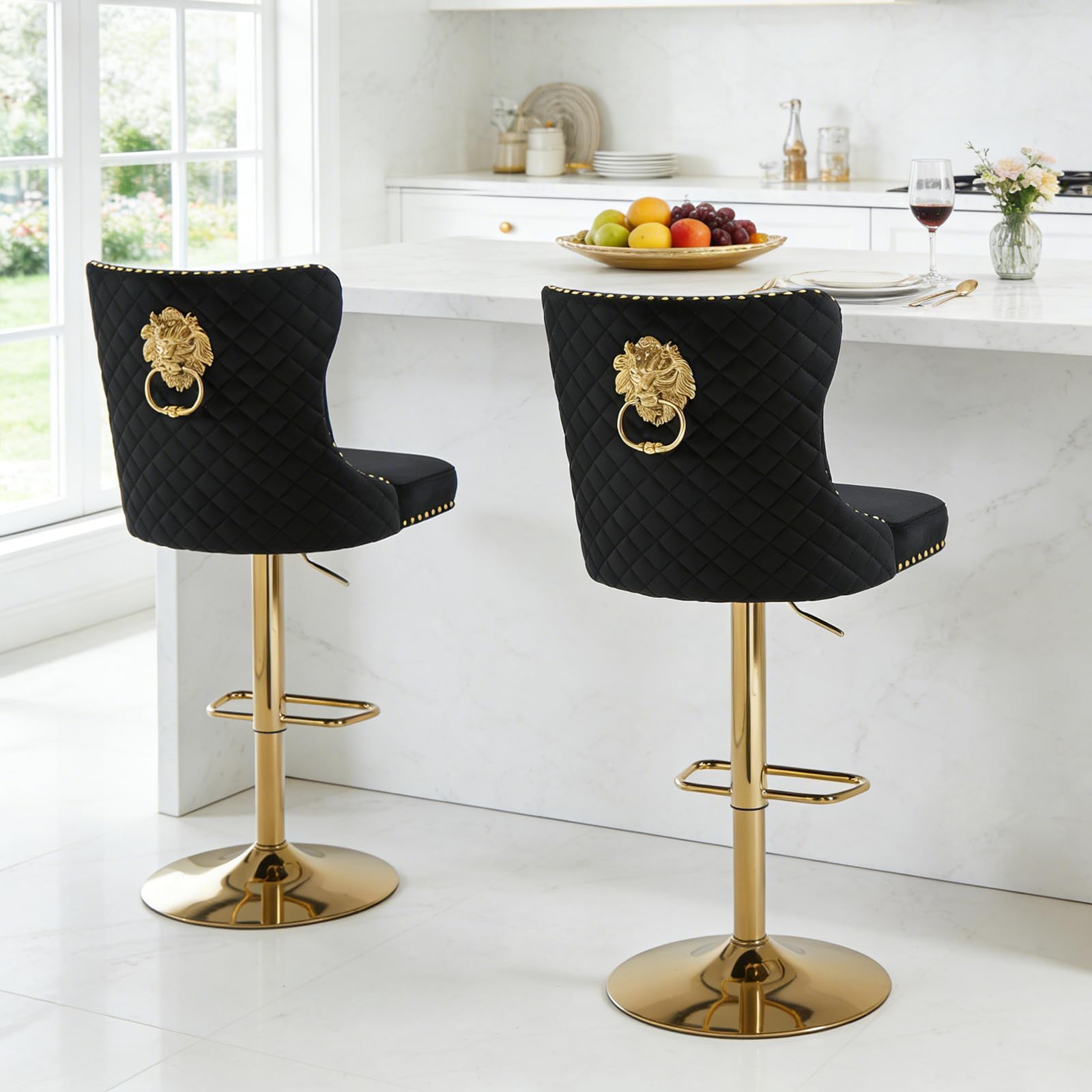 Relbiety Velvet Breakfast Bar Stools Set of 2 With Lion Knocker,Black Gold โ image 1