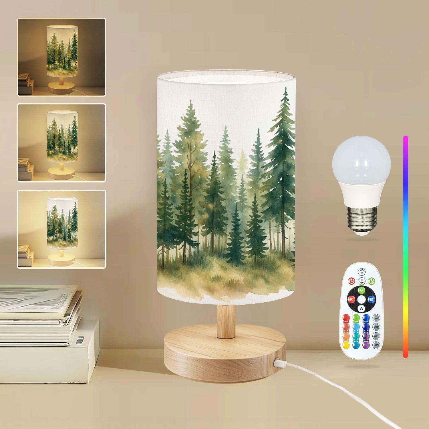 Round Table Lamp for Bedroom Watercolor Trees Evergreen Pine Tree Forest Watercolor Misty Scene Beside Lamps Desk lamp with Wood Base Nightstand Lamps for Nursery Living Room Home Decor
