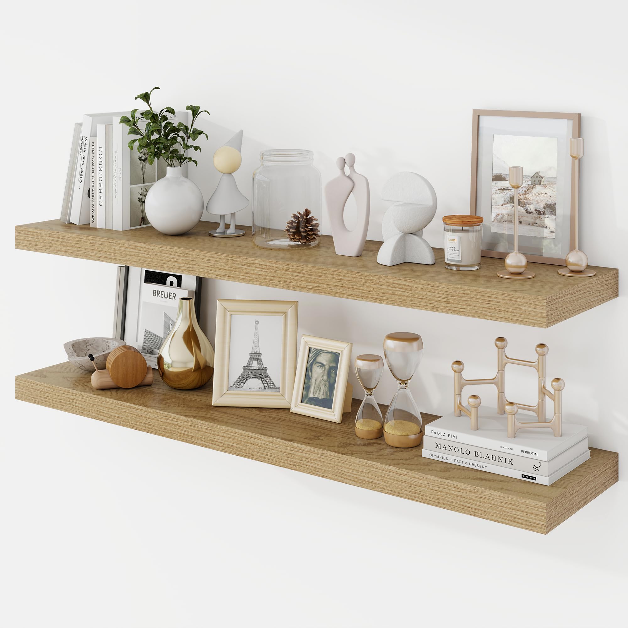 Acovy 100cm Floating Shelves, 23.5cm Deep Floating Shelf Wall Mounted, 100cm Wall Shelves, Rustic Deep Bookshelf, Large Display Shelves & Storage Shelves for Bedroom, Living Room, Oak, Set of 2