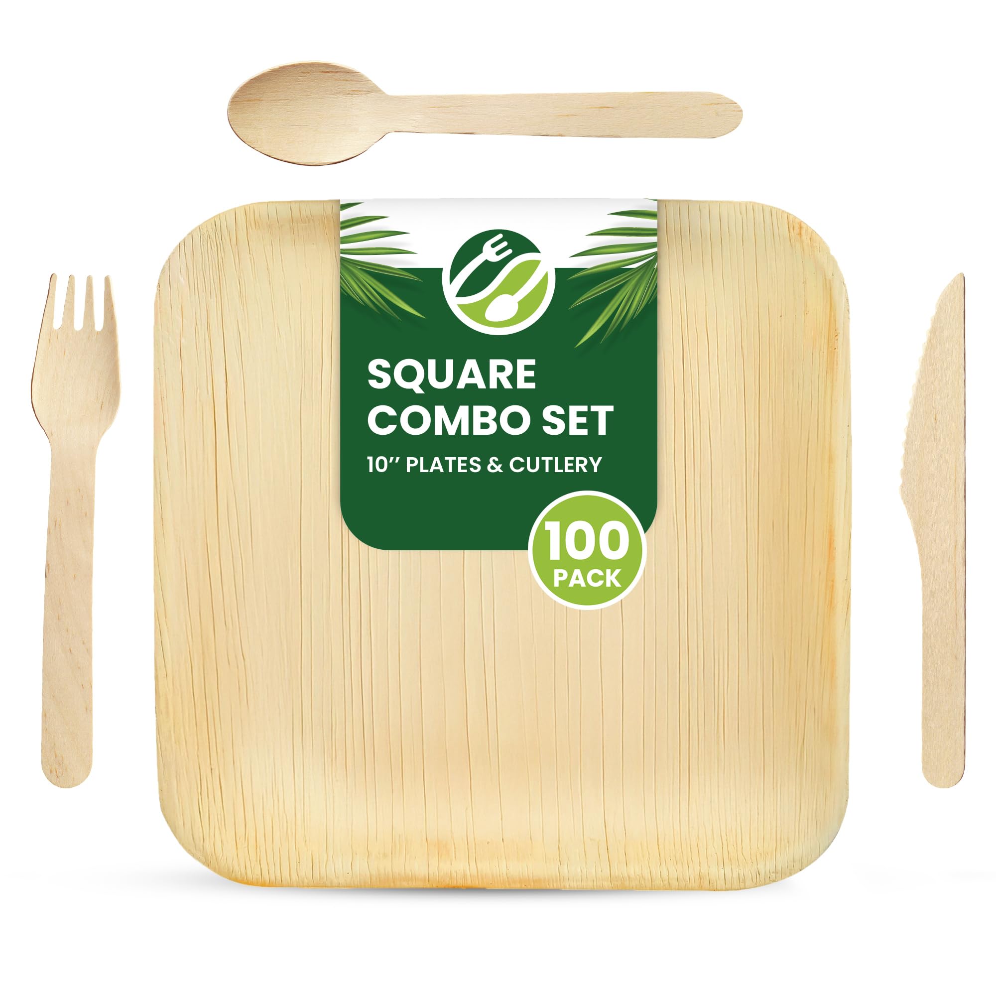 Eco Leaf 400pcs Disposable Palm Leaf Plates and Wooden Cutlery Set – 100 Large Square Plates, 100 Forks, 100 Knives, 100 Spoons – Eco-Friendly, Biodegradable, Perfect for Parties, Events