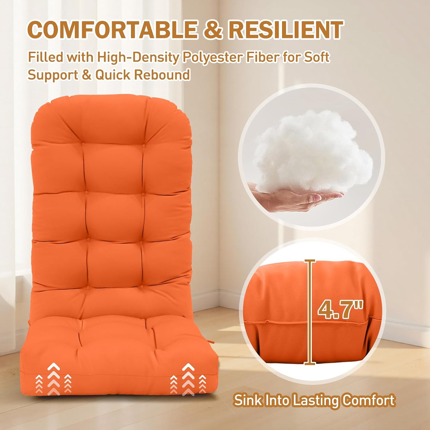 EAGLE PEAK High Back Adirondack Chair Cushions, 5" Thick Non Slip Tufted Cushion for Outdoor Patio Rocking Chairs, 49x20x5 in, 2 Pack, Orange image 2