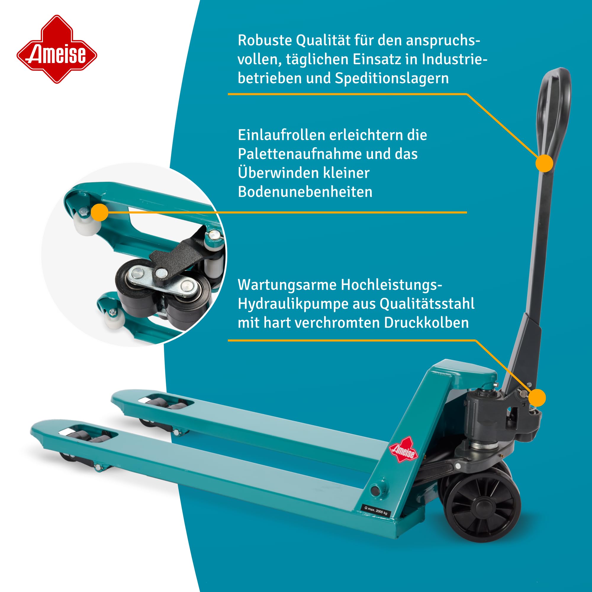 Ameise Hubwagen PTM | 2.000 kg Tragkraft | 1.150 mm Gabellänge | Lenkrad/Gabelrolle aus robustem Polyurethan | Tandem-Gabelrollen | Palettenhubwagen