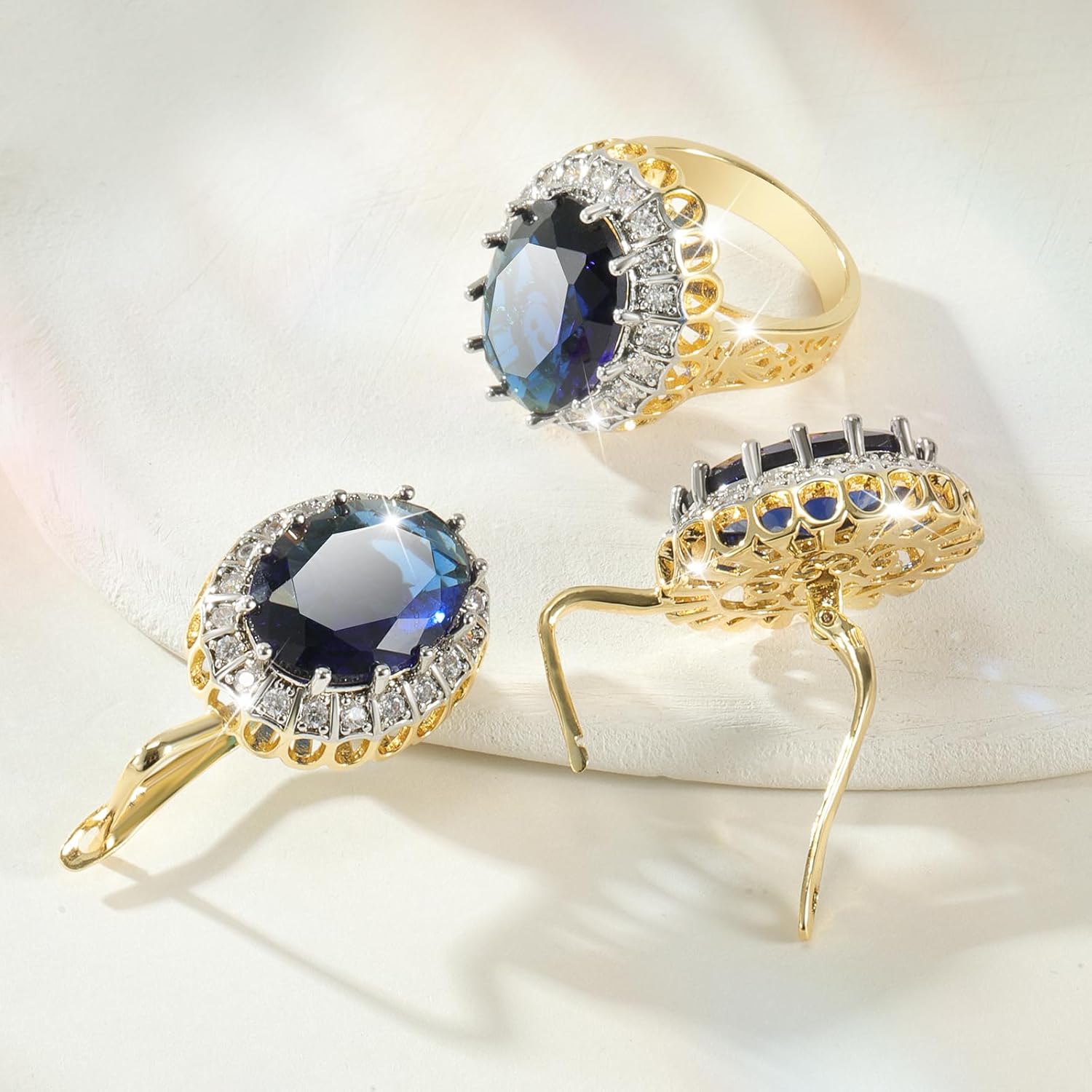 Richapex Jewelry Set for Women, 18k Gold Hoop Earrings Ring Set, Sapphire Earrings Ring Set, Prom Party Jewelry Gift for Mother Friend Wife