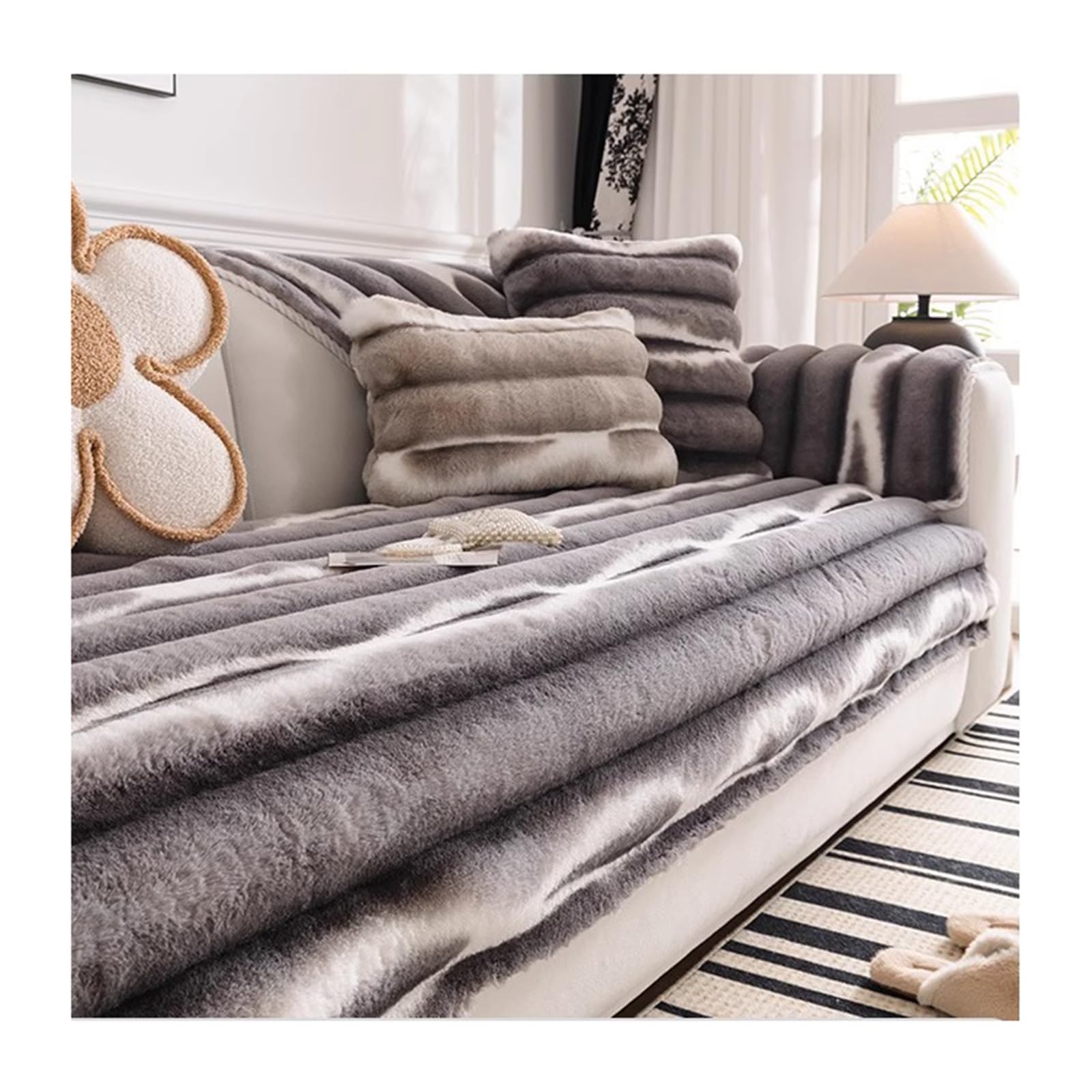 Tauzveok Rabbit Plush Non Slip Sofa Cover, Funny Fuzzy Sofa Covers, Thick Couch Covers, For Corner Sofa Cover L Shaped, 3 2 1 4 Seater, Sofa Protectors From Pets,grey,90 * 90cm