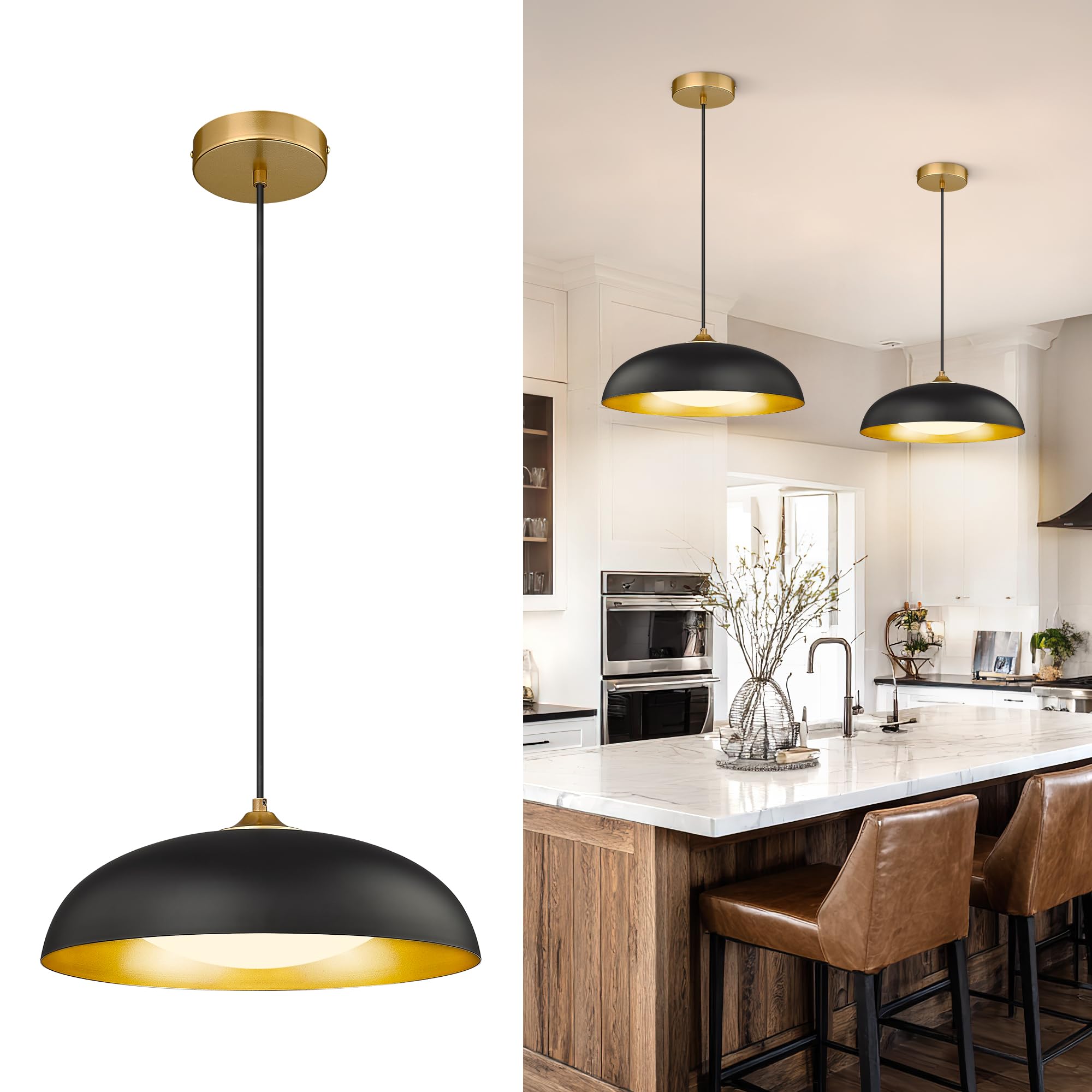 kudos 15 Inch Large LED Pendant Lights, Black and Gold Pendant
