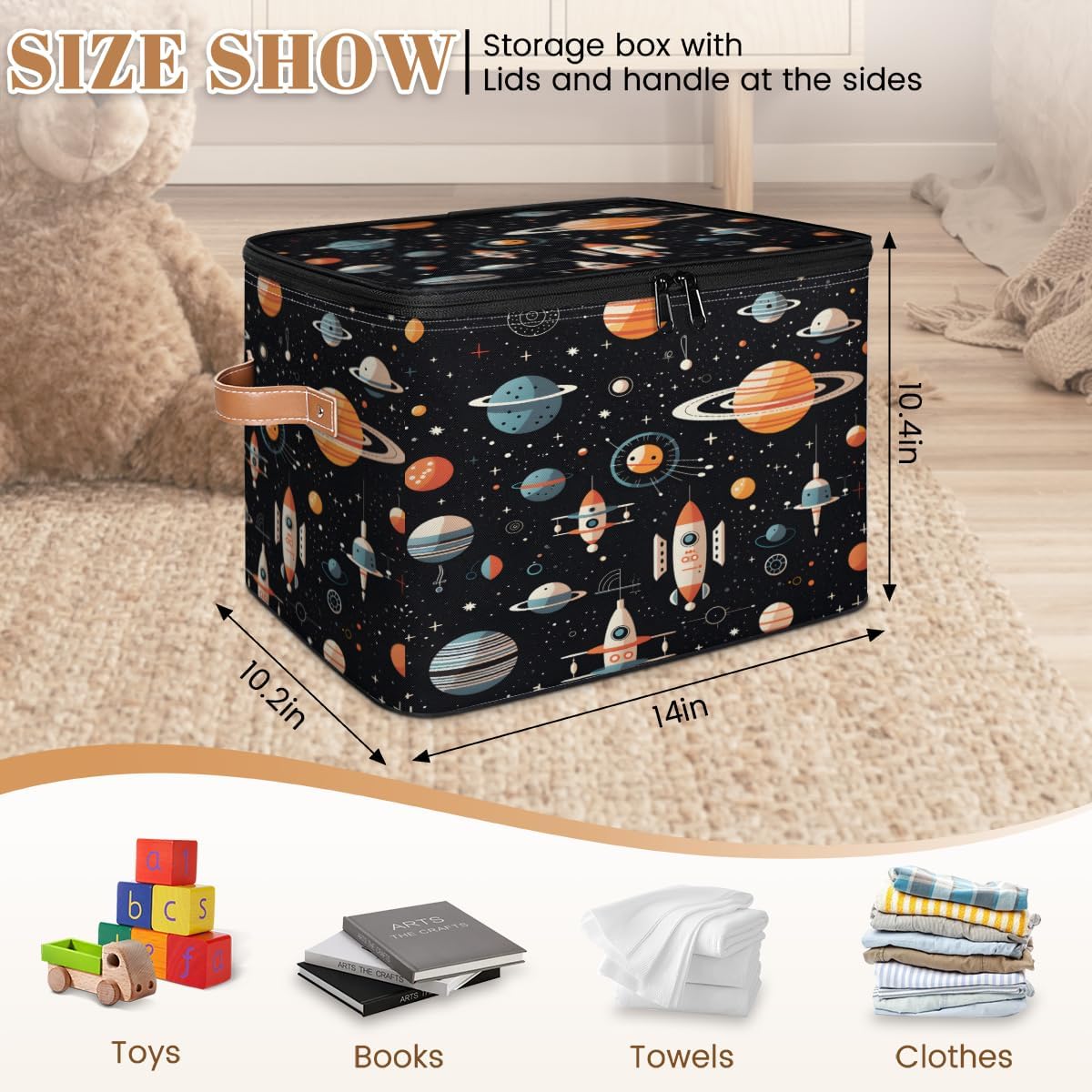 Storage Bin Set of 2 Planet Rocket Storage Basket with Zipper Lid & Handle Foldable Closet Shelf 2 Pack Cloth Organizer Basket Cube Bins Clothes Organizer for Bedroom, Nursery