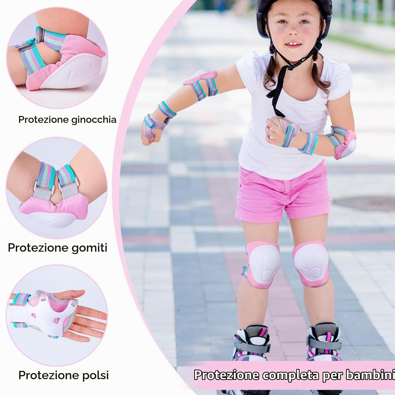 Protezione Kit per Bambini 3-8Anni, Protezioni Set per Bambini, Sicurezza Set per Ciclismo, Regolabile Ginocchiere Set di Gomitiere per Sci Skateboard Pattinaggio Monopattino Sport Estermi