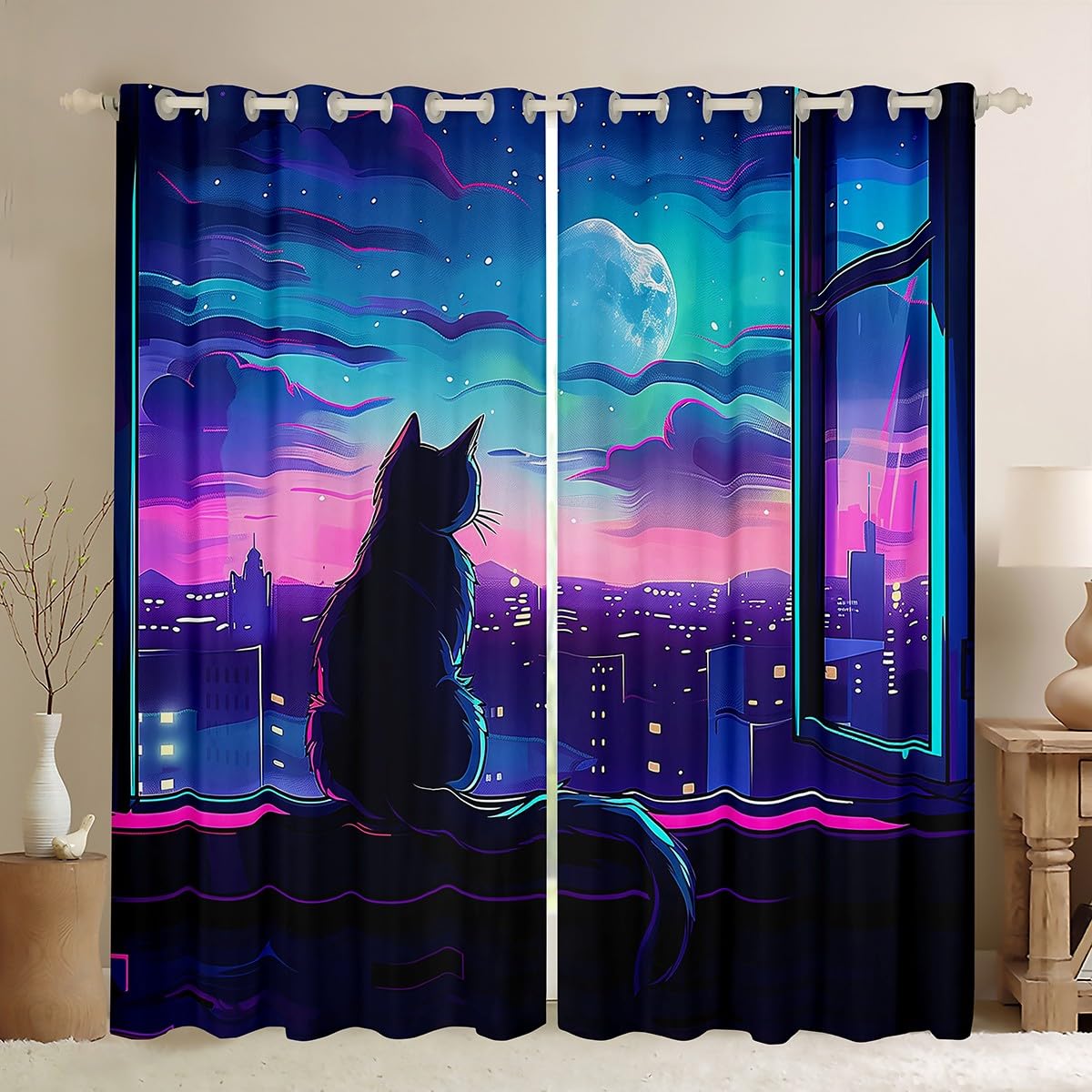 Rideau de fenêtre chat anime Kawaii Homemissing 175x140 cm lune pour chambre d'enfant