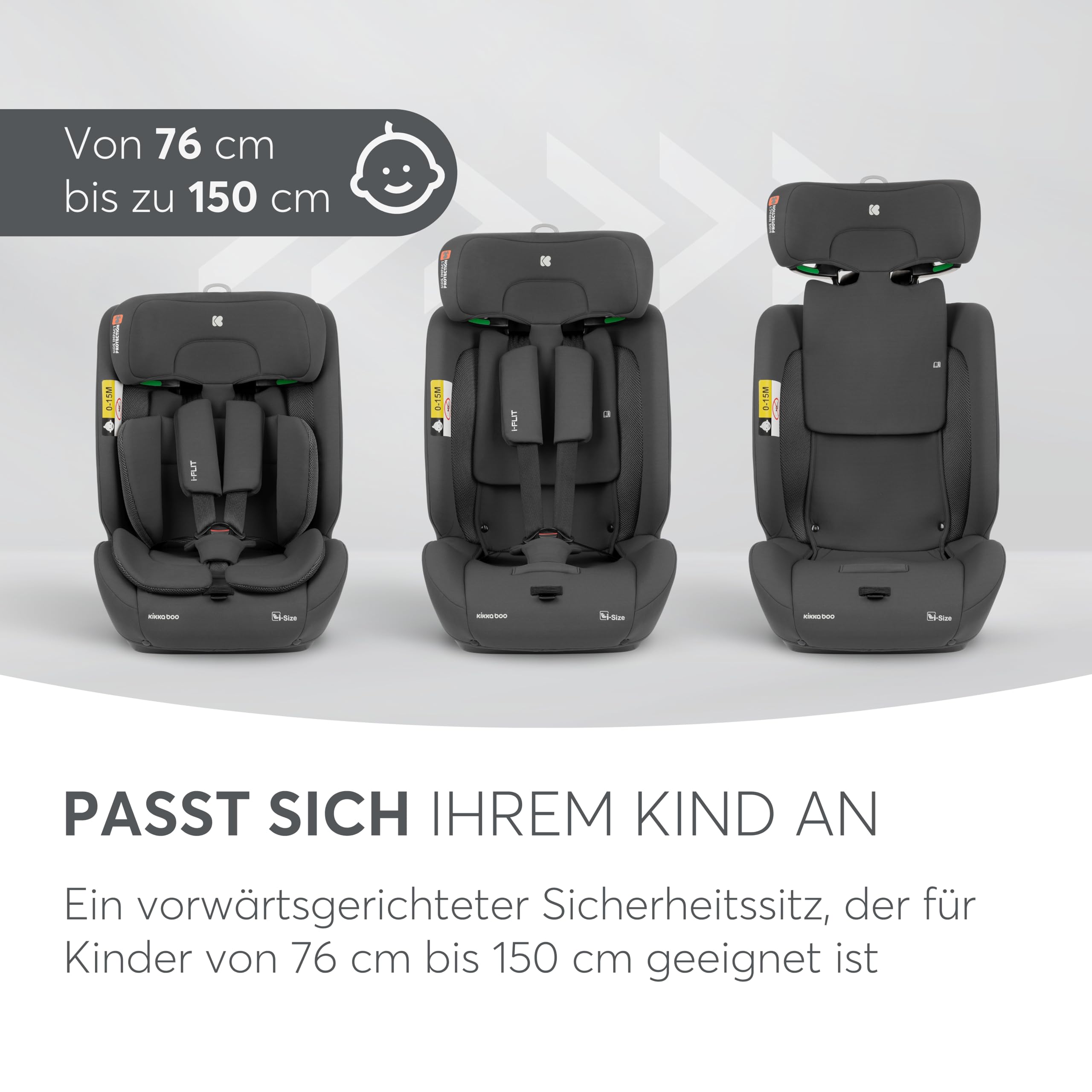 KikkaBoo i-Size i-­FLIT, Kindersitz 9-36 kg ISOFIX, Autokindersitz 76-150 cm, Gruppe 1/2/3, 15 Monate bis 12 Jahre, SPS Seitenschutz, Top Tether, Verstellbare Kopfstütze, Dunkelgrau