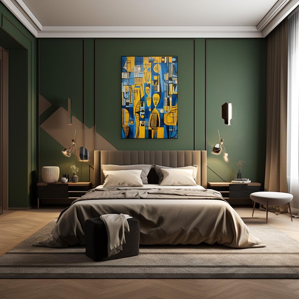 Canvas for Living room. Cubist Vision in Yellow and Blue A Dance of Geometry and Mystery, 27 x 18 inch Canvas Wall Art - Ready to Hang