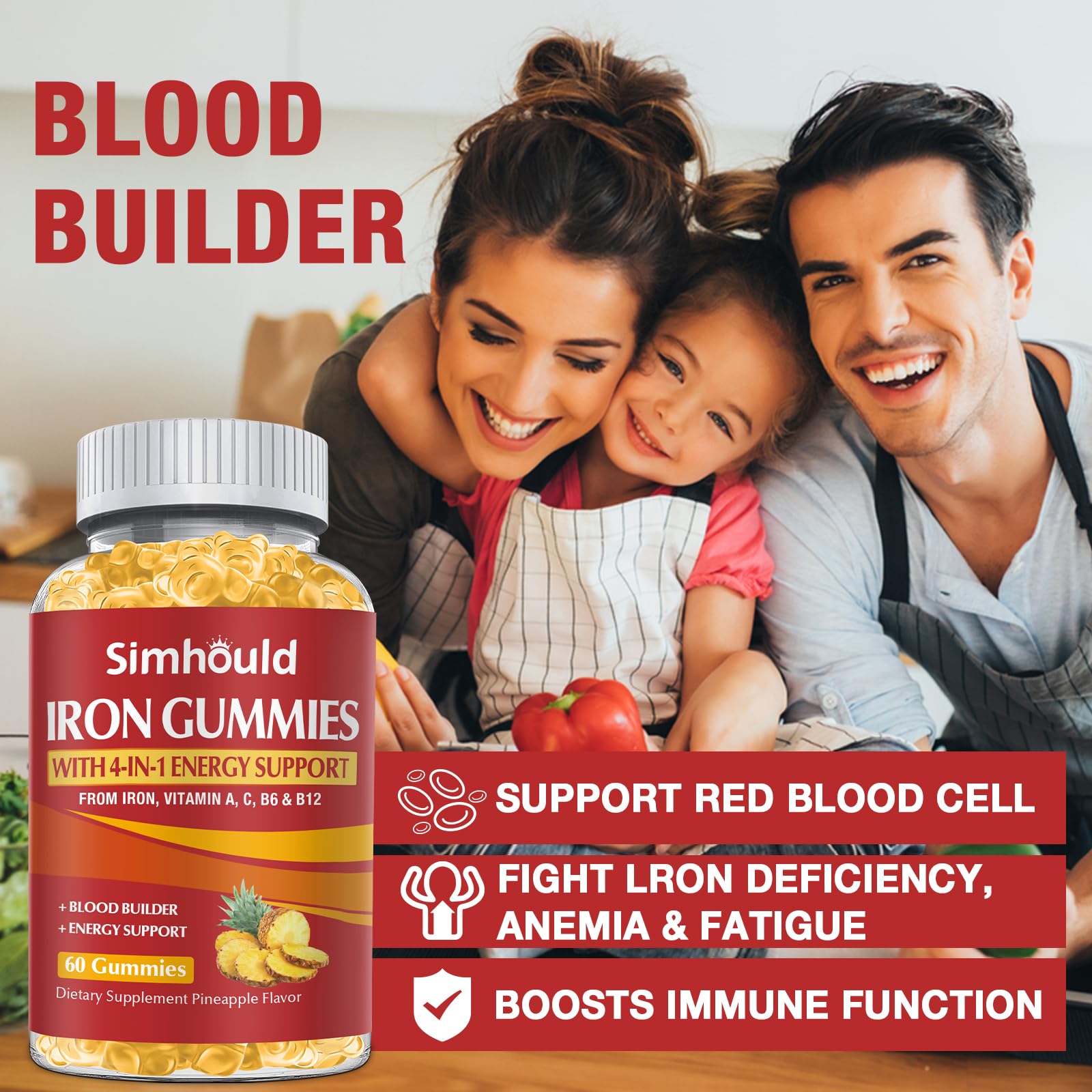 2 Pack Vegan 80MG Iron Supplement Gummies for Women & Men - Vitamin A, C, B for Adults & Kids - Blood & Builder & Energy Support for Iron Deficiency, Anemia, 120 Counts Pineapple Flavor Gummies — Amazon image 4