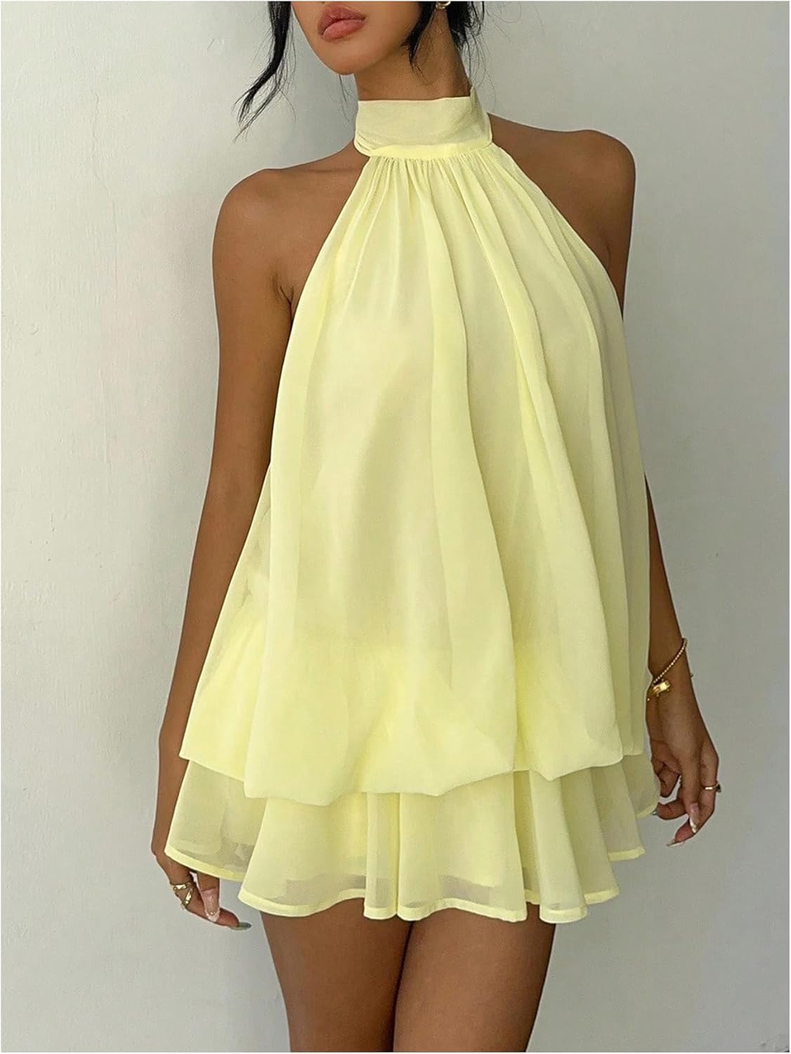 SweatyRocks Women's Y2k Chiffon Backless Halter Mini Dresses Draped Ruffle Going Out Summer Dress