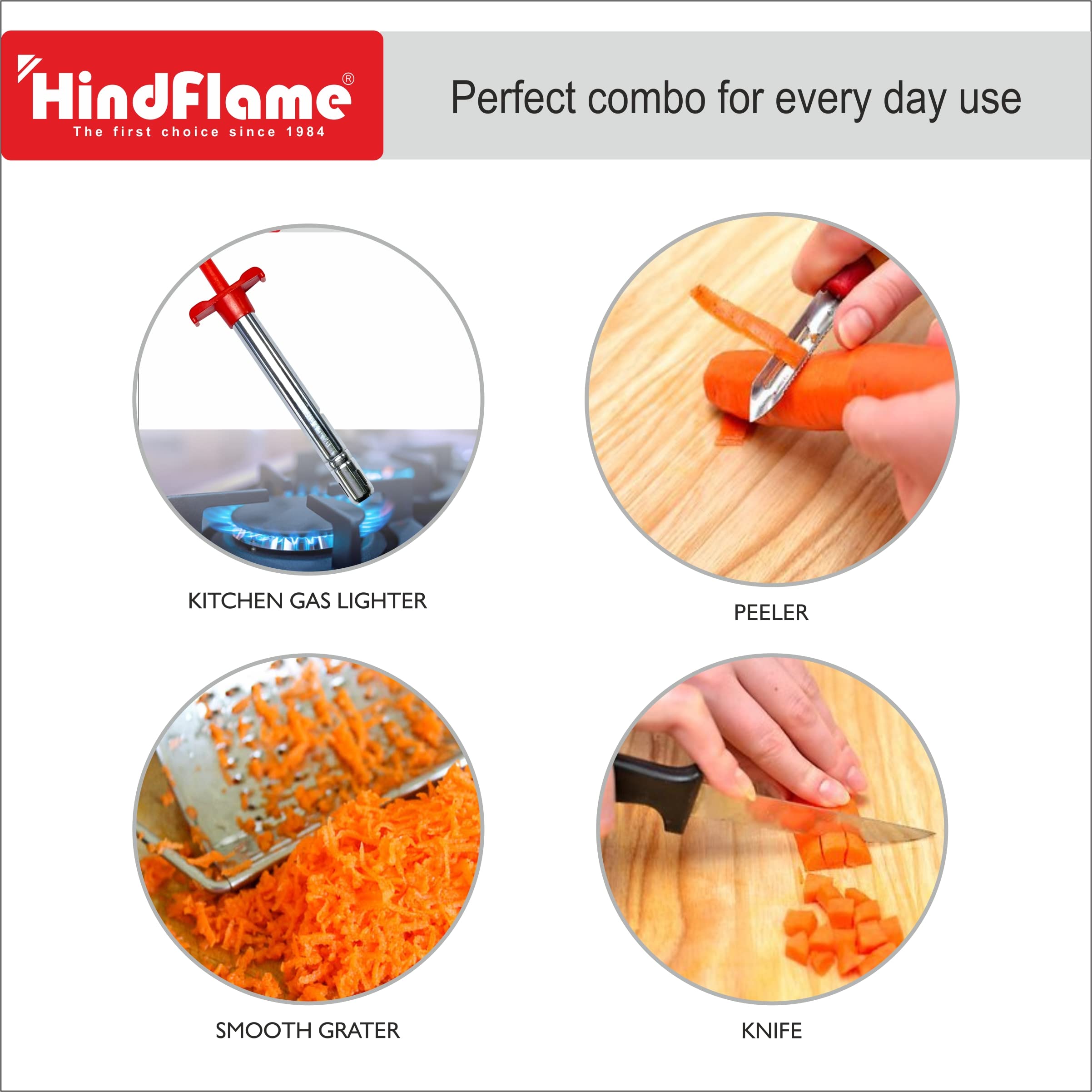 Hindflame Classic 4 in 1 Kitchen Tool Set (Steel Lighter, Knife, Peeler & Grater Multicolour) 3