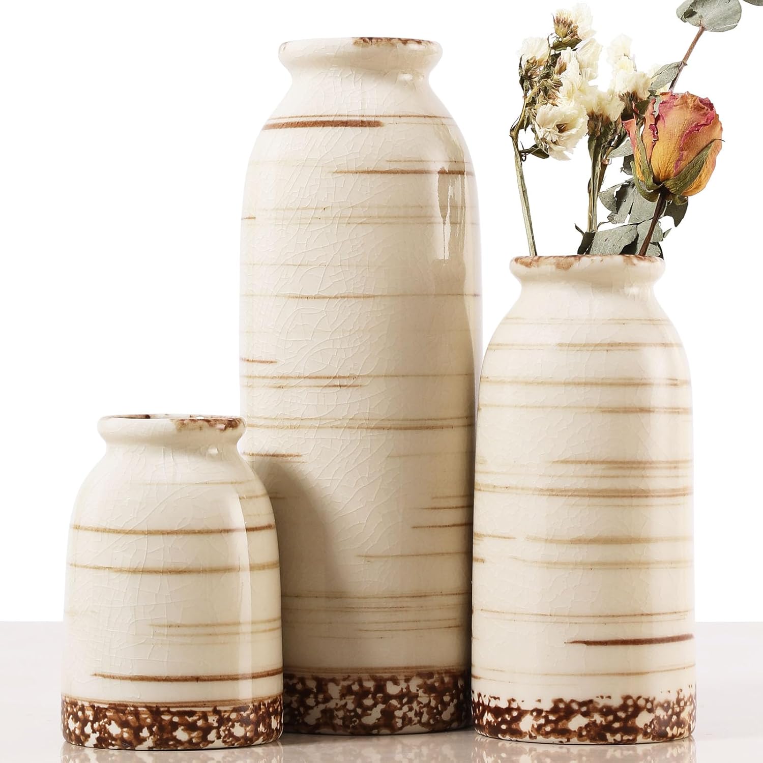 Joeabor Ceramic Vase Set of 3 - Handcrafted Ceramic Vases for Home Decor & Shelf - Modern Farmhouse Decor for Kitchen, Office, Bedroom & Living Room Decorative Objects for Mantel, Table Centerpieces