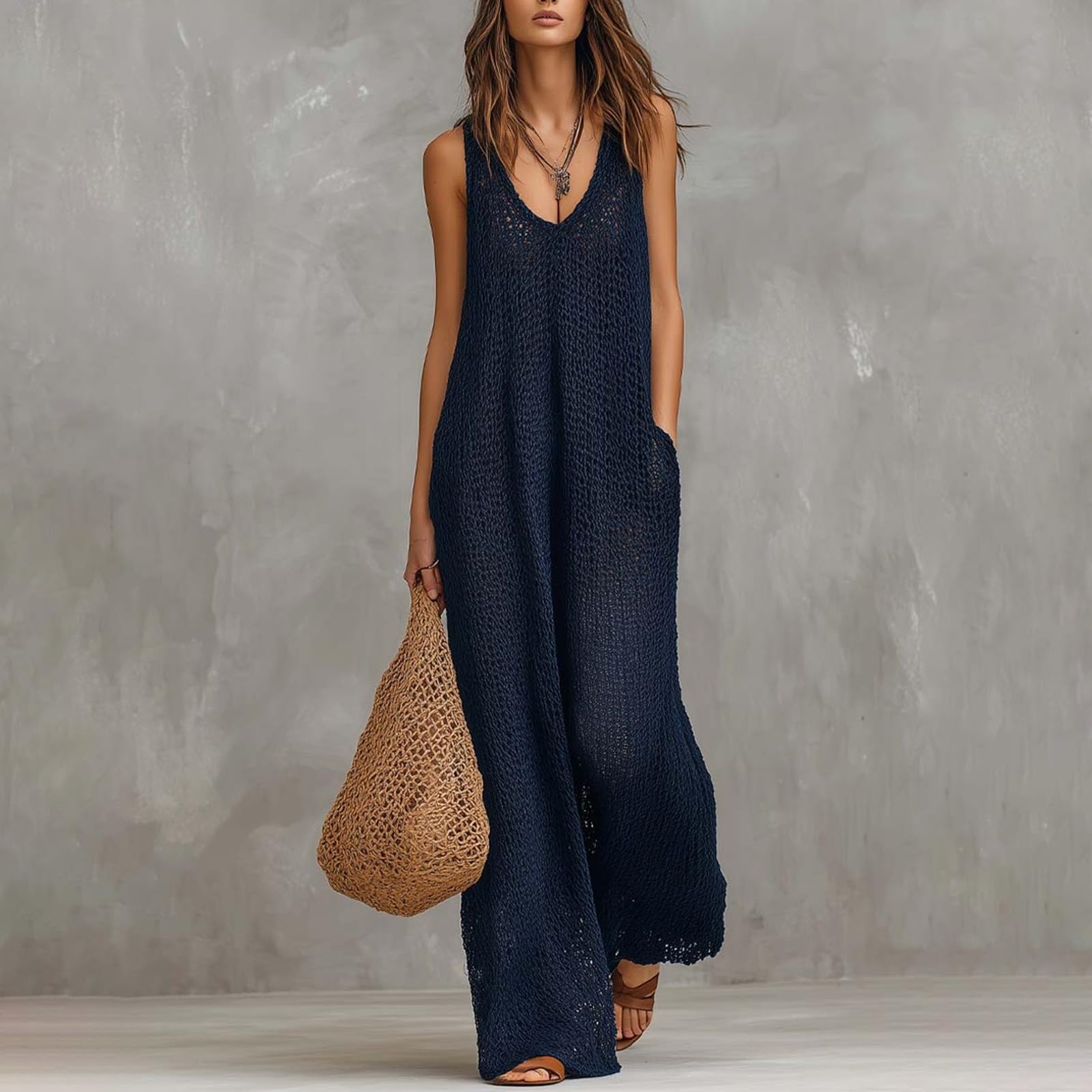 Mono para mujer, de verano, largo, sin mangas, elegante, bohemio, para la