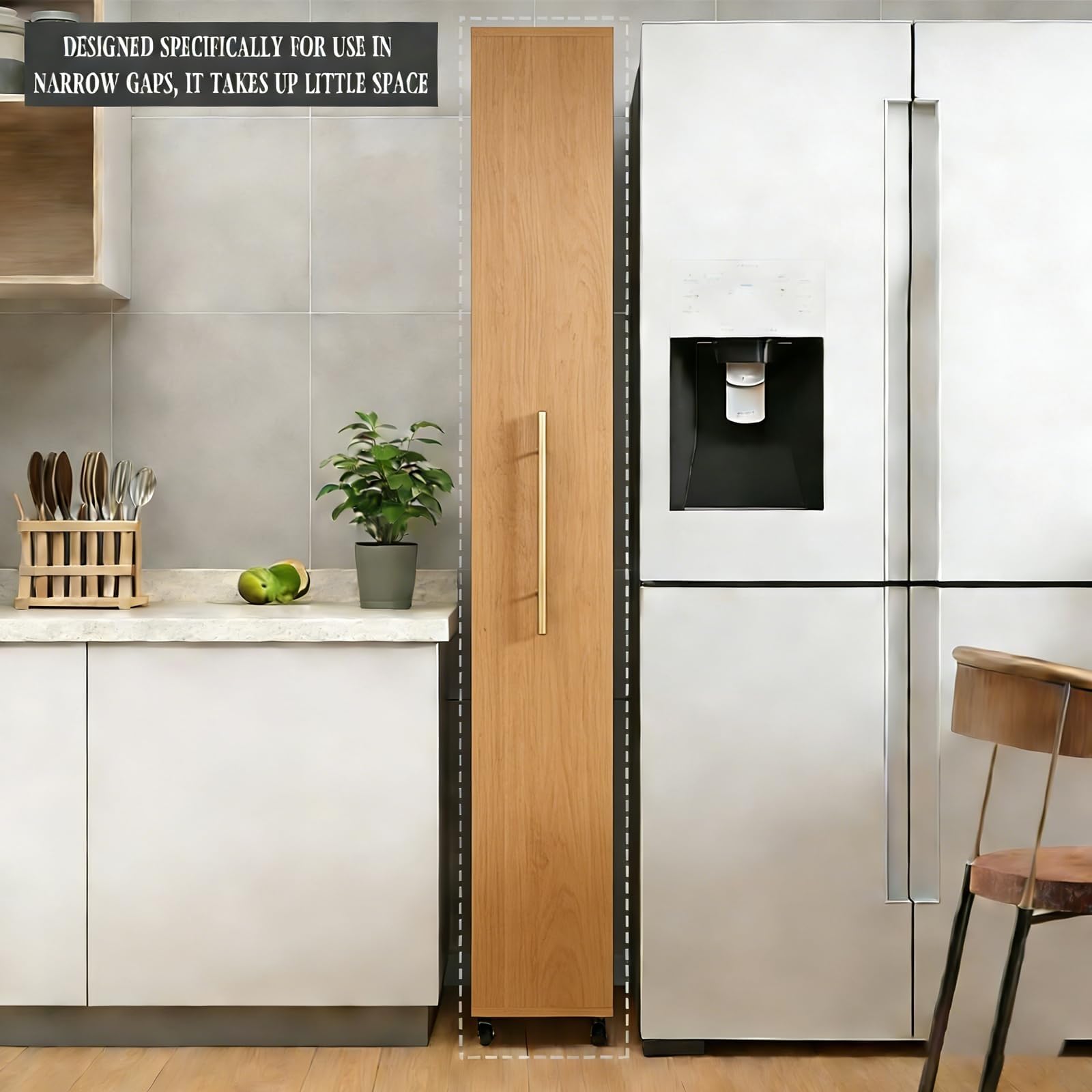 Mobiletto Stretto Salvaspazio su Ruote - 25x45x184cm Grigio Scuro, Estraibile Carrello da Cucina, Scaffale in Legno, Libreria Aperta per Soggiorno e Bagno, Maniglia Inclusa