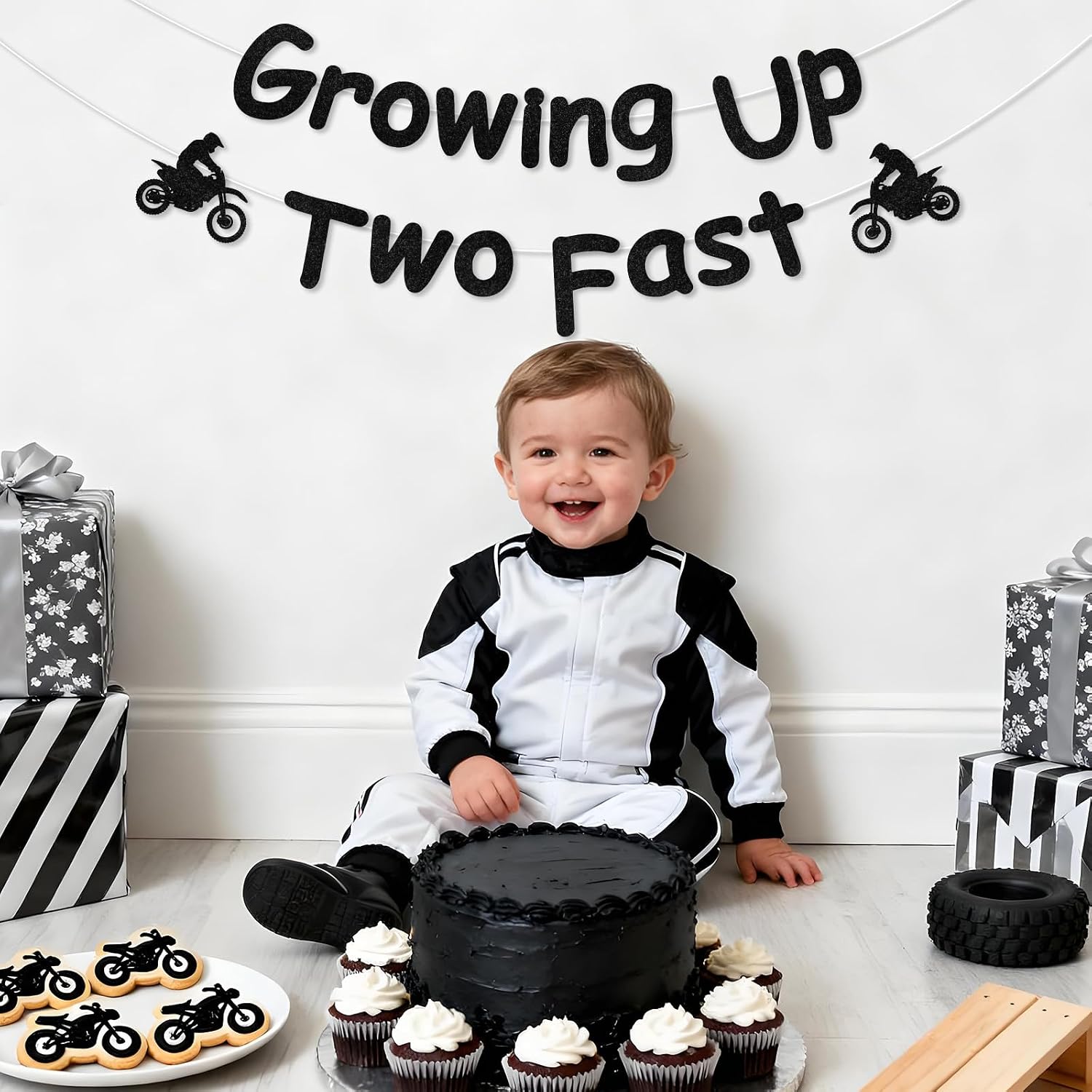 Black Glitter Growing Up Two Fast Banner, Dirt Bike 2nd Birthday Party Decorations, Motorcycle Themed 2nd Birthday Decor for Boy Two Wheel Fun Party