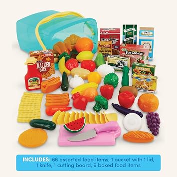 Battat Play Food Kitchen Toys Grocery Store Pretend Play Pantry in A Bucket 3+ Years (79 Pieces)
