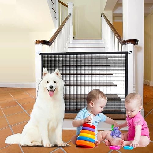Puerta de bebé para escaleras, sin taladrar, 43.3 pulgadas de ancho x 28.3 pulgadas de alto, portátil, de malla retráctil, para escaleras, sin