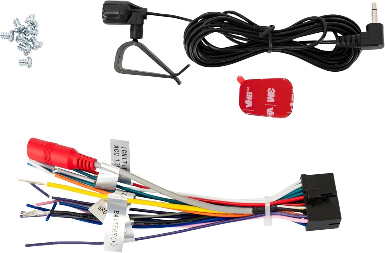 Contents of the JENSEN CAR710-4 box including the wiring harness, microphone, and screws.
