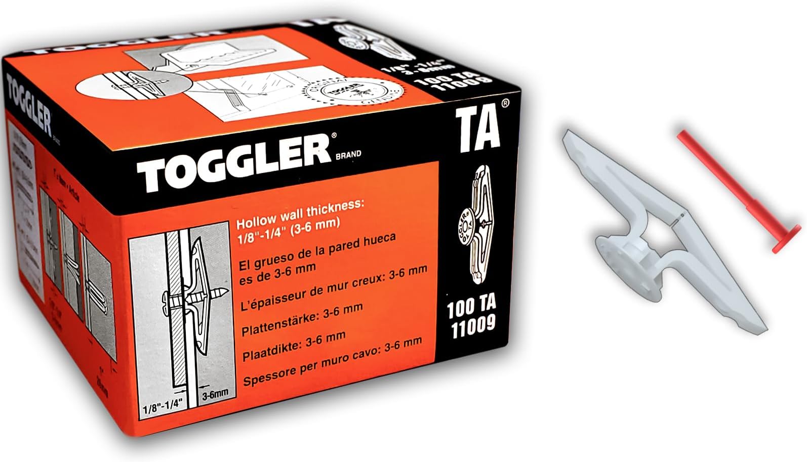 TOGGLER Toggle TA Hollow Door Anchors, Polypropylene Heavy Duty, Fits #8–#12 Screws, 1/8"–1/4" Grip Range, 124 lbs Grip in 1/4" Plywood, Made in USA (Pack of 100 Screws not Included)