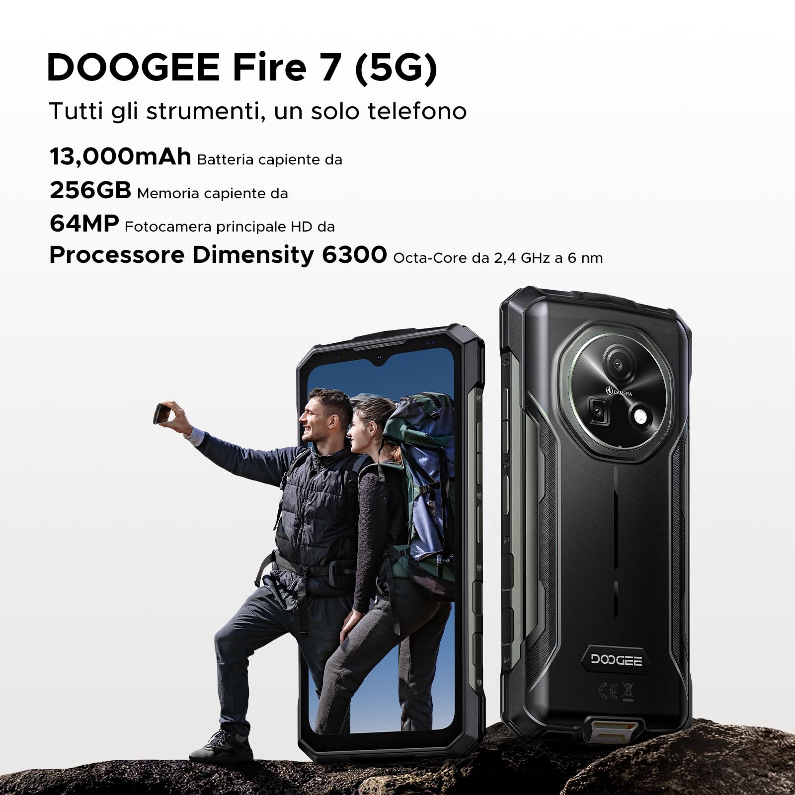 DOOGEE Fire 7 Rugged Smartphone 5G Android 15, 16GB+256GB/2TB Telefono Cellulare, 13000mAh Telefono Indistruttibile, Gemini AI 64MP+16MP Rugged Phone, MTK 6300 Octa Core/Dual SIM/NFC/GPS/IP68/BT5.2