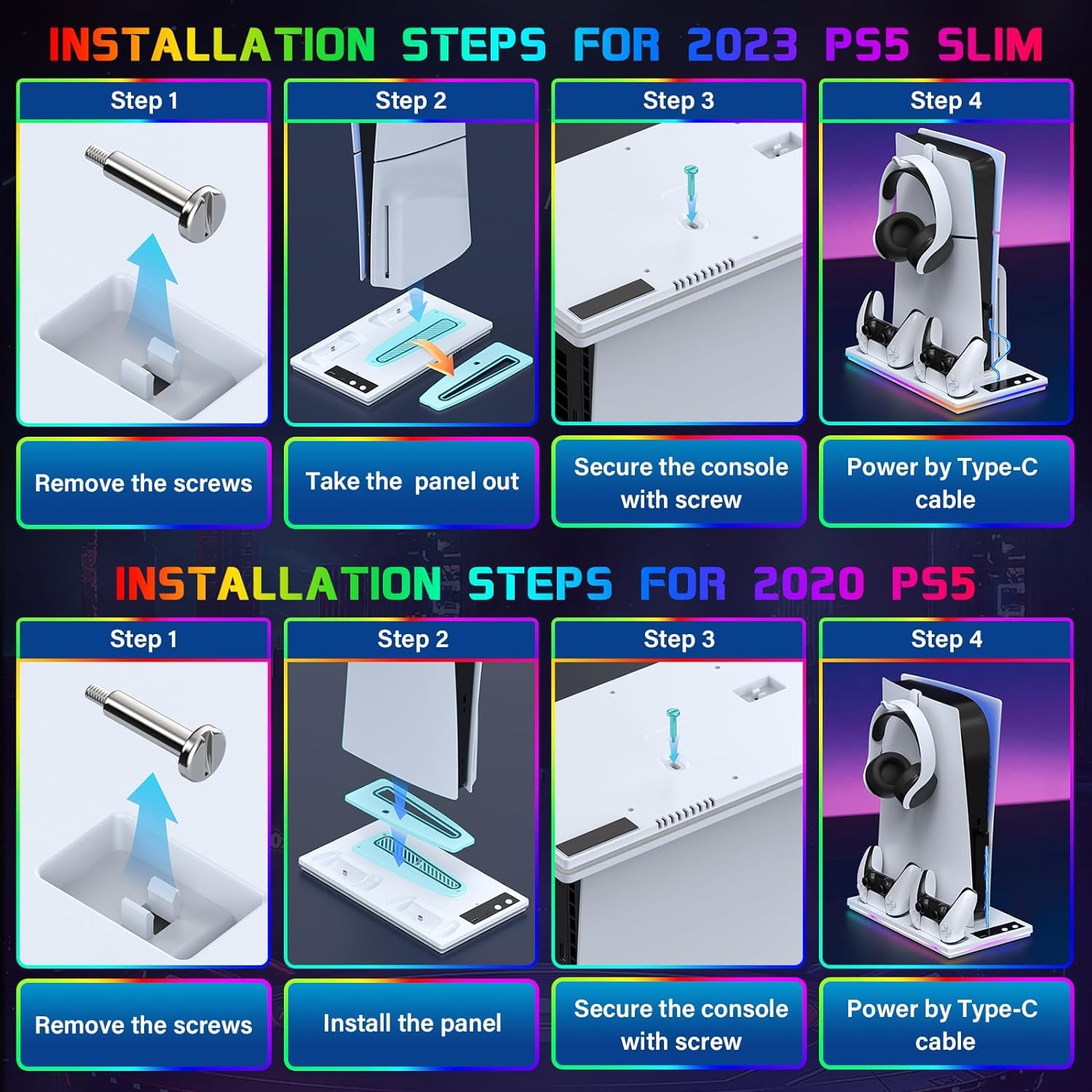 3 en 1 Support PS5 avec Chargeur Manette et Ventilateur à 3 Vitesses, Socle PS5 pour PlayStation 5 Pro/Slim & Standard Disque/Numérique, Refroidisseur PS 5 avec RGB et 2 Ports USB