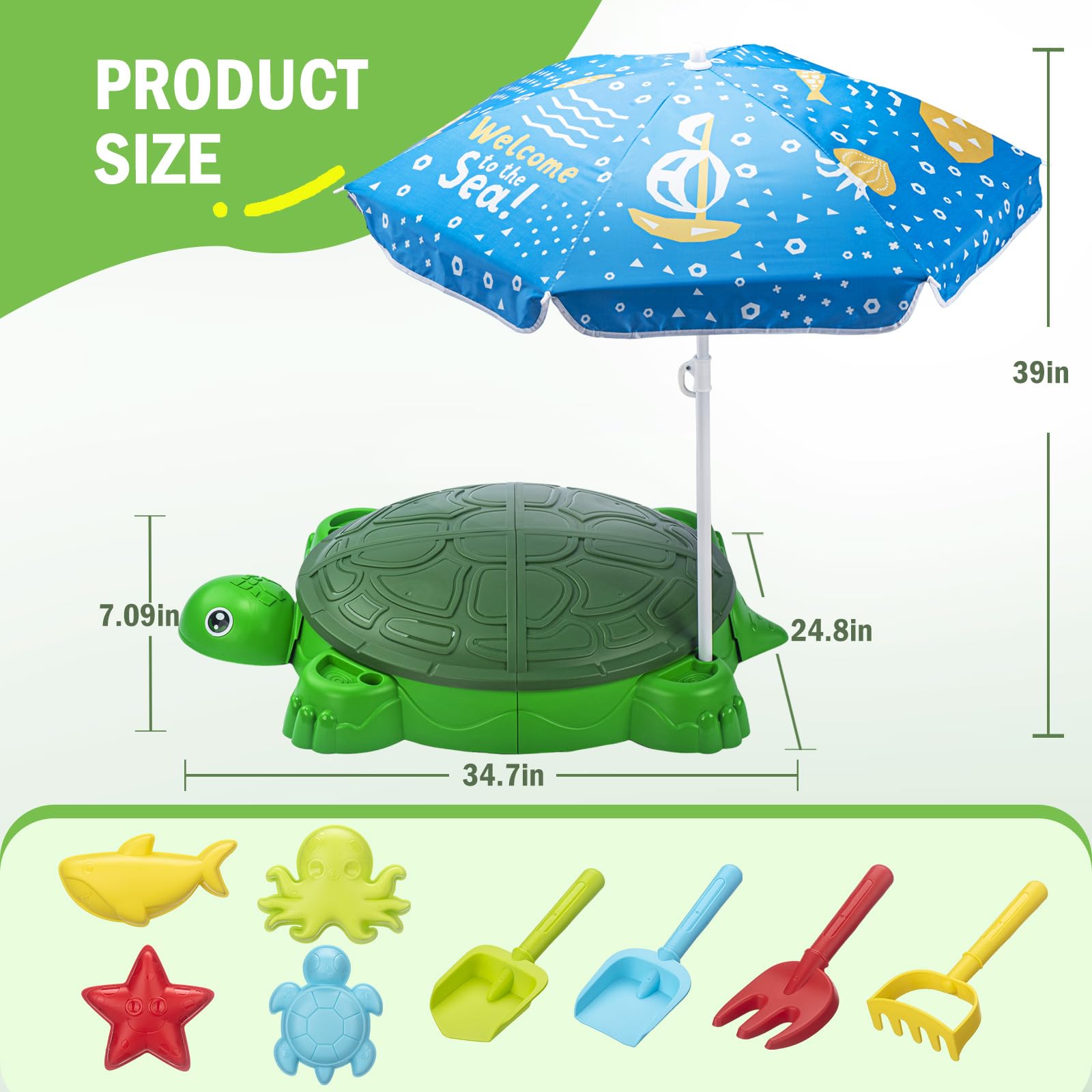 VROGTIK Schildkrötensandkasten mit Sonnenschirm & Deckel, Kinder Sandkasten, Strandspielset mit Meerestiere-Zubehör, Wetterbeständig Sandspielzeug für Garten & Strand, Ab 3 Jahren