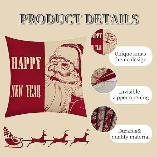 Miniatura 4 de Juego de 4 fundas de almohada decorativas de Navidad rojas de 18 x 18 pulgadas, fundas de cojín de renos de Papá Noel, feliz año nuevo, juego de 4