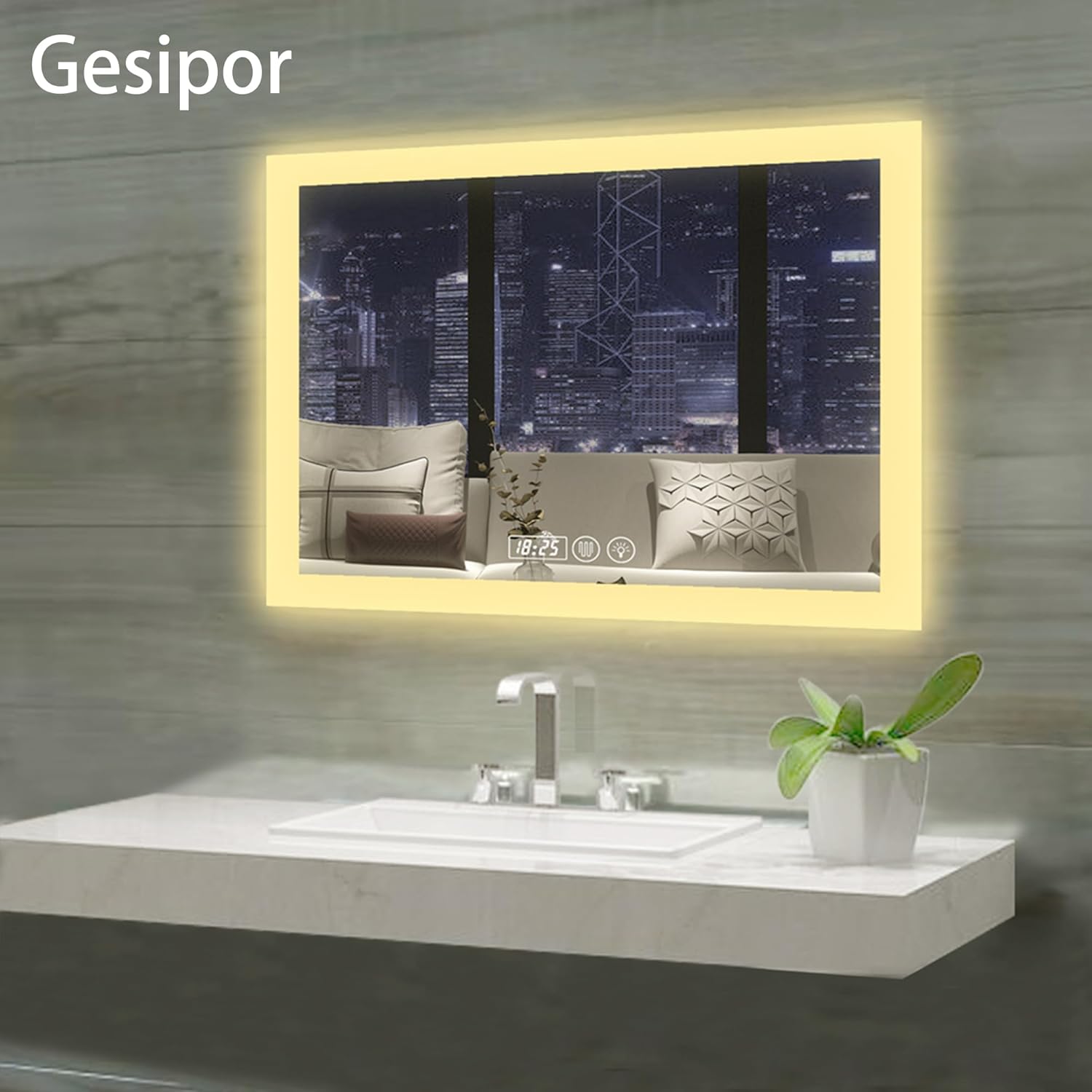 GESIPOR LED Smart Mirror with Display, Wall-Mounted Bathroom Vanity Mirror, Touch Controls