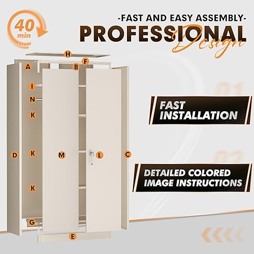Vista 62 de INTERGREAT Armario de almacenamiento de metal, armarios de acero con cerradura de 72 pulgadas de alto con puertas de bloqueo, armario de Gris blanco