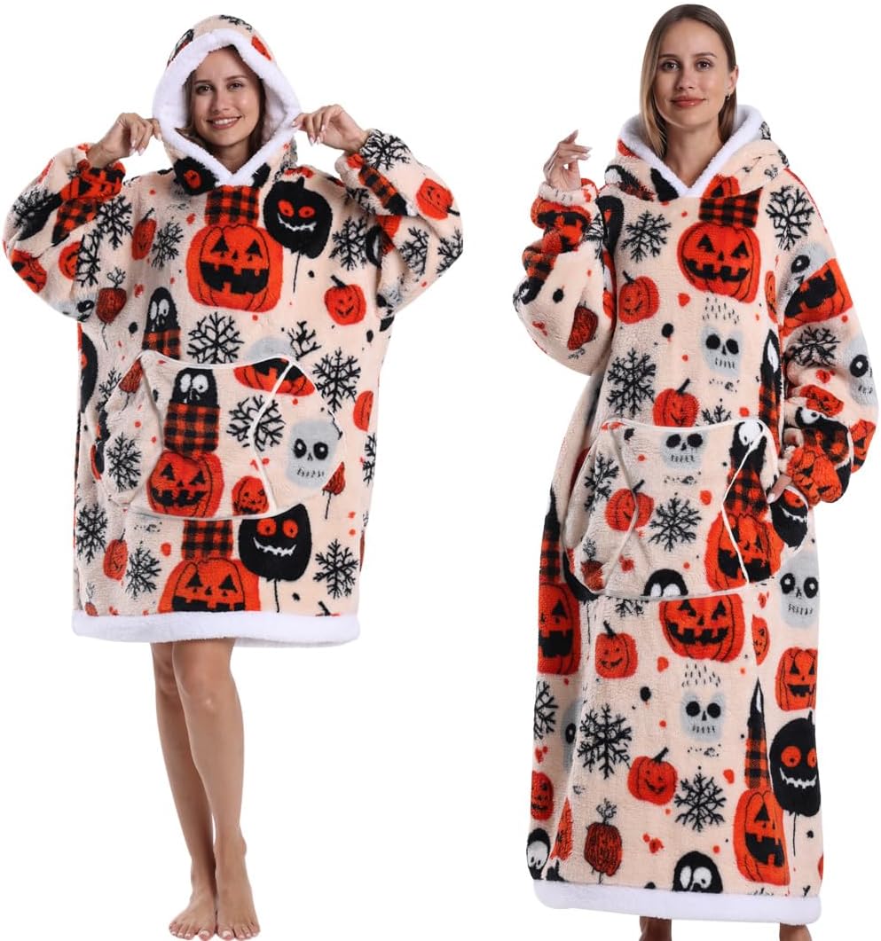 Wearable Blanket for Women - Flannel Hooded Robe, Halloween & Christmas pattern, Cozy Fleece Gift for Family Nights