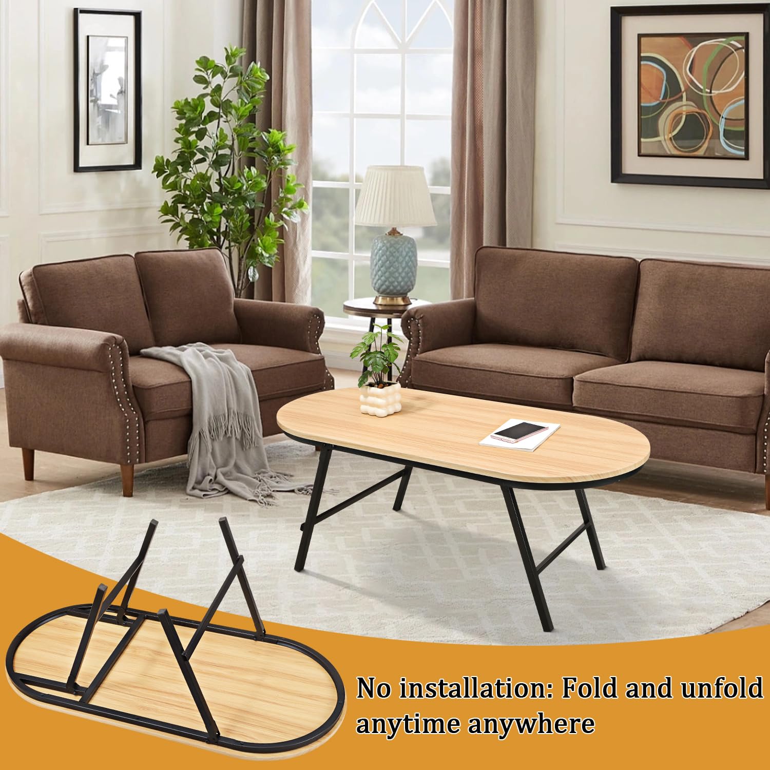 Table basse pliable ovale en bois naturel sans assemblage, table de sol portable pour s'asseoir sur le sol, tables basses pour petits espaces, salon, utilisation en extérieur
