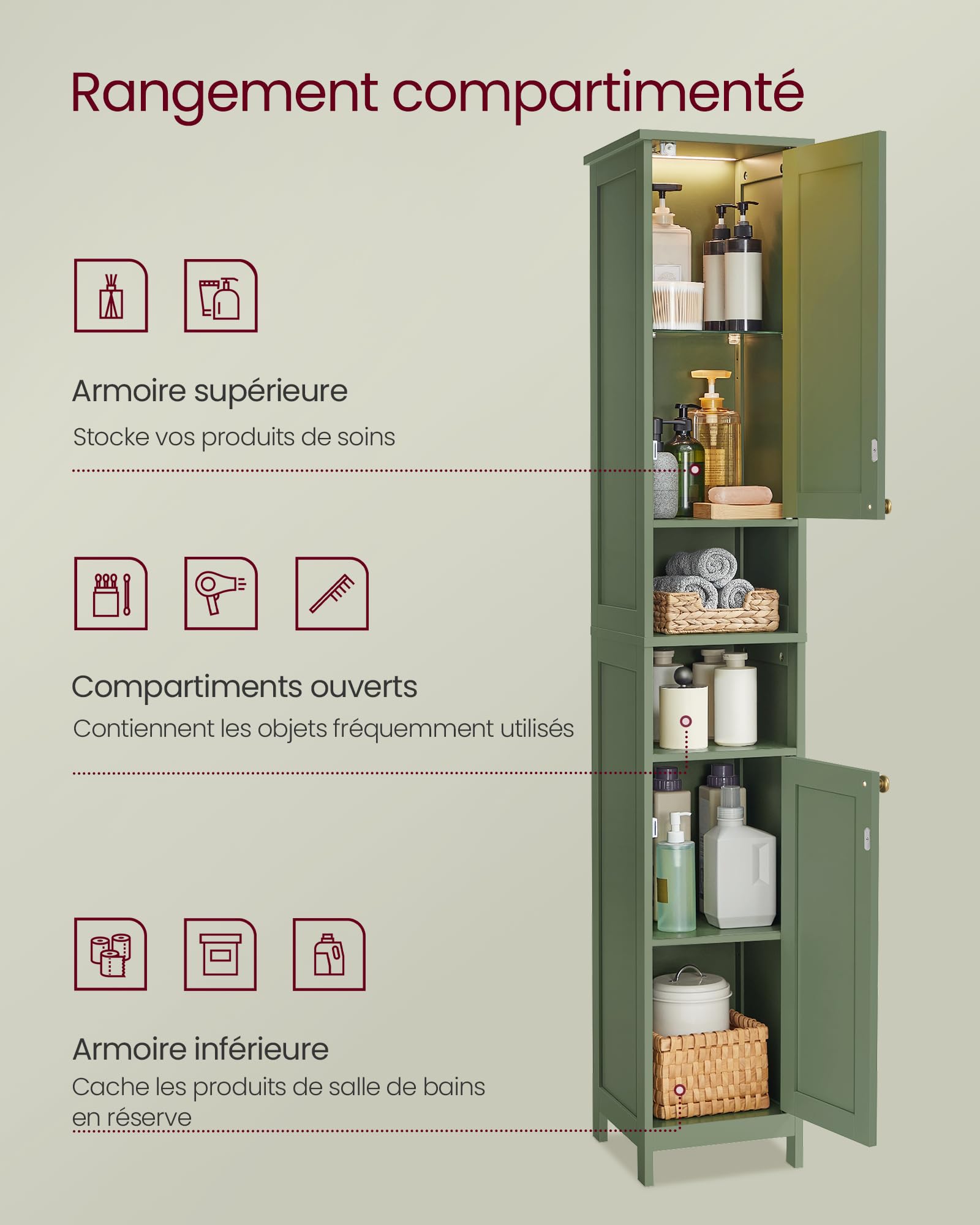 VASAGLE Armoire de Salle de Bain Haute avec Éclairage, Meuble de Rangement Mince, avec Étagères Réglables, Largeur 40 cm, pour Les Petits Espaces, Moderne, Vert Forêt BBC766CH03