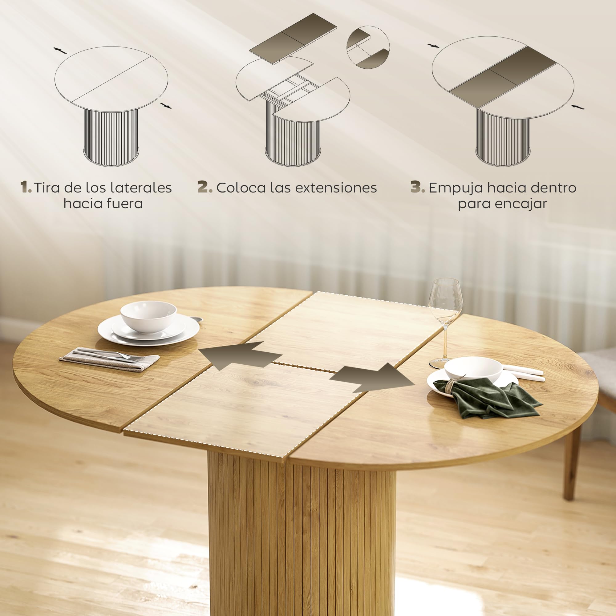 HOMCOM Mesa de Comedor Extensible Redonda, 110-150 cm, Mesa de Cocina Extensible, para 6-8 Personas, con Base Estriada Ancha, para Salón, 110-150x110x75 cm, Madera Natural