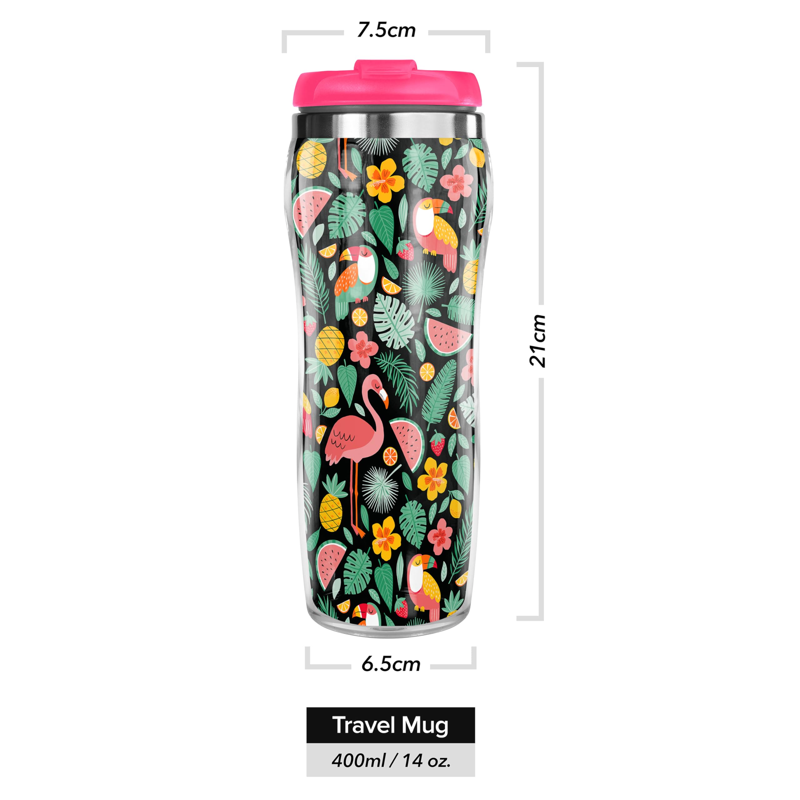 Pixly® Flowers Fruits and Birds Thermal Travel Mug Coffee Tea Flask, 400ml/14oz Capacity, Flower, Floral Pattern - Exotic Blush - Image 3