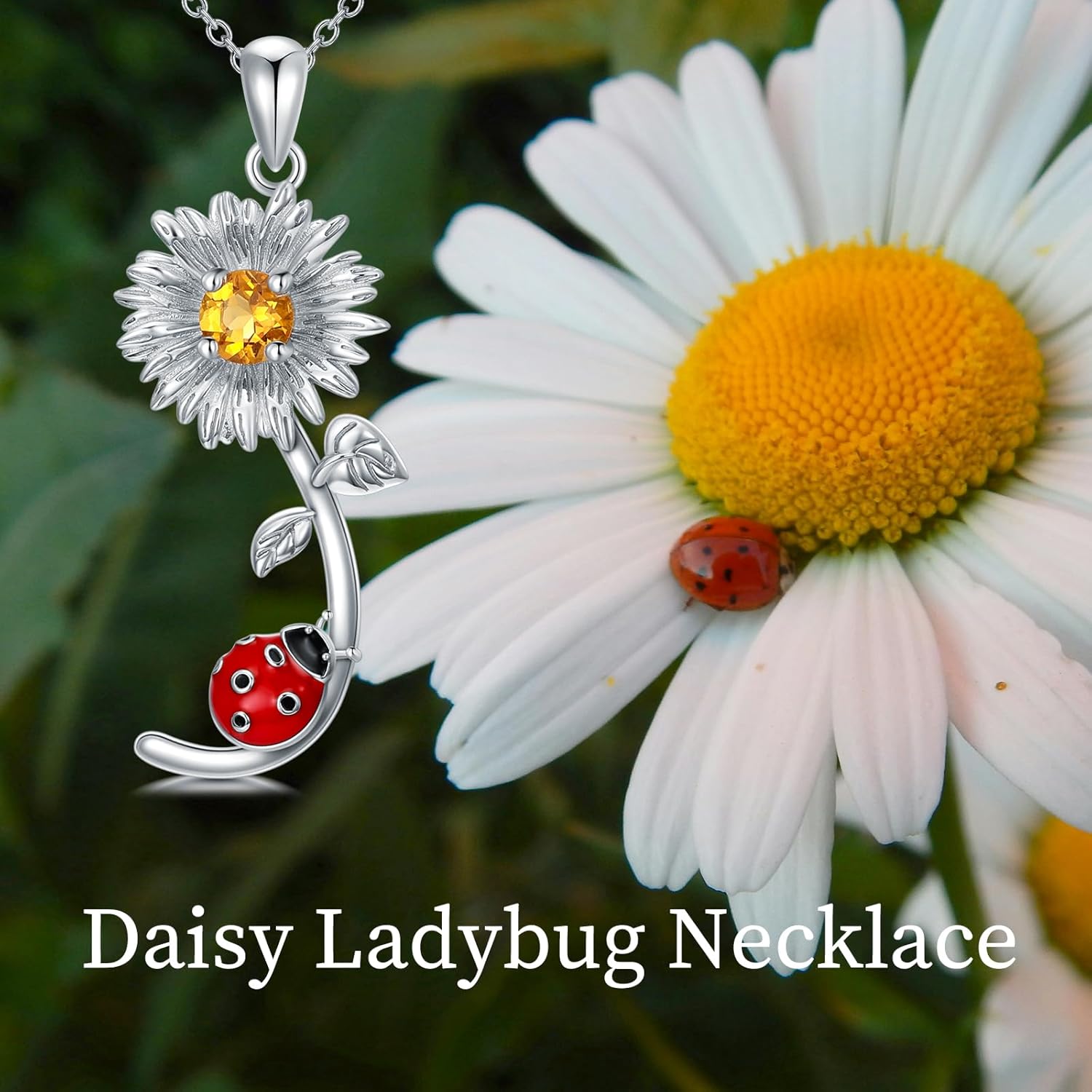 Daisy Ladybug Necklace 925 Sterling Silver Natural Citrine Daisy Flower Red Ladybug Pendant Jewelry Gifts for Women - Image 7