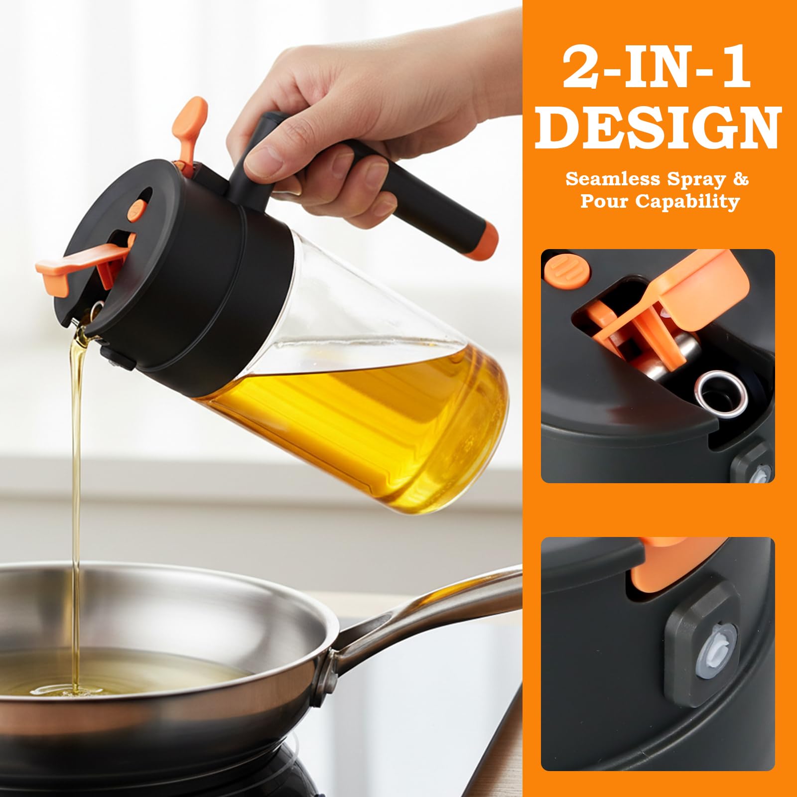 650ml Aceitera Spray Pulverizador, Pulverizador de Aceite Antigoteo de Cristal, Dispensador Aceite Spray 2 en 1, spray aceite air fryer para cocina, Cocinar, (marfil)
