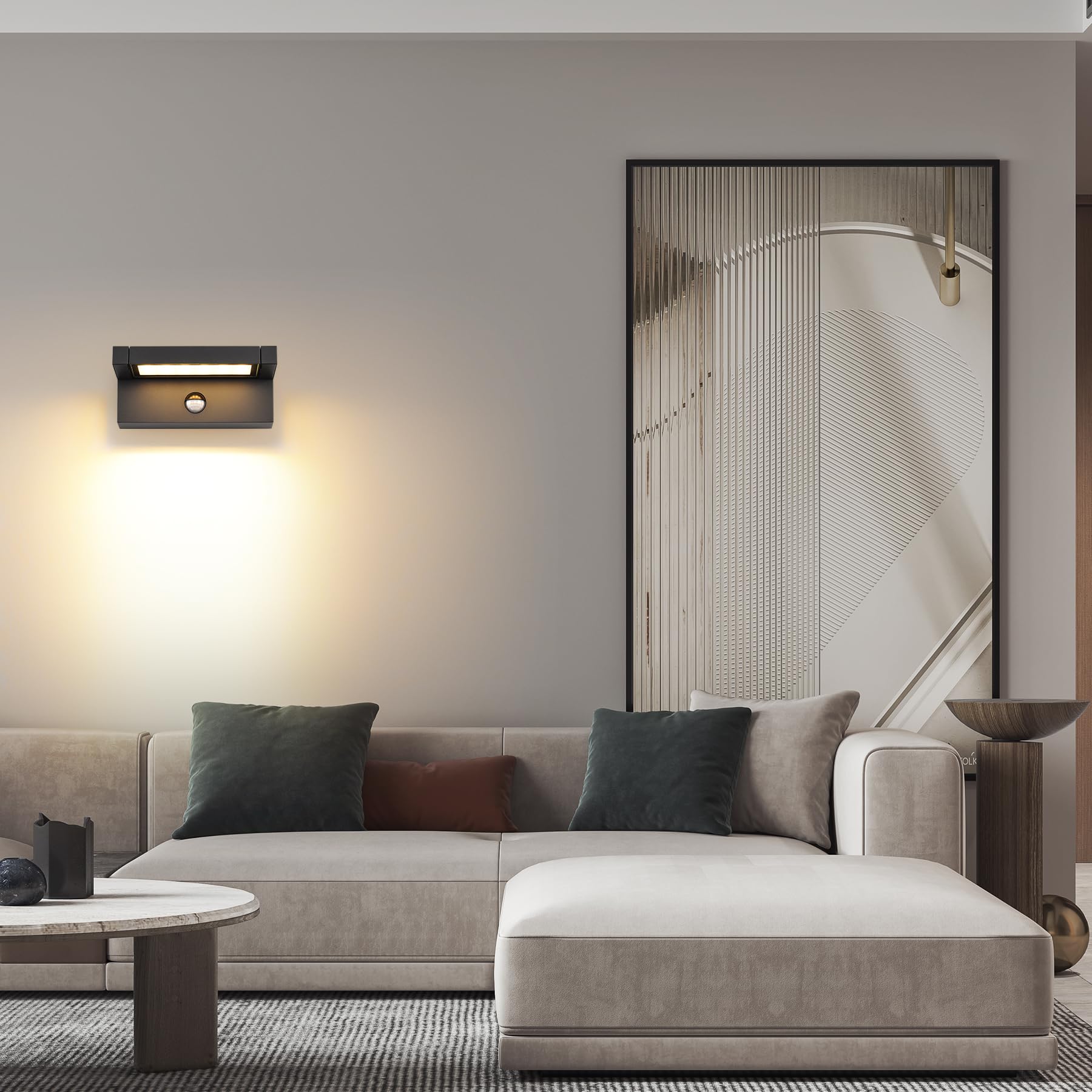 KUKAK LED aplique pared de 22W con sensor de movimiento,luz terraza exterior IP65 impermeable,aplique de 3000K en blanco cálido para exterior/interior con panel orientable de 350° para jardín,Negro
