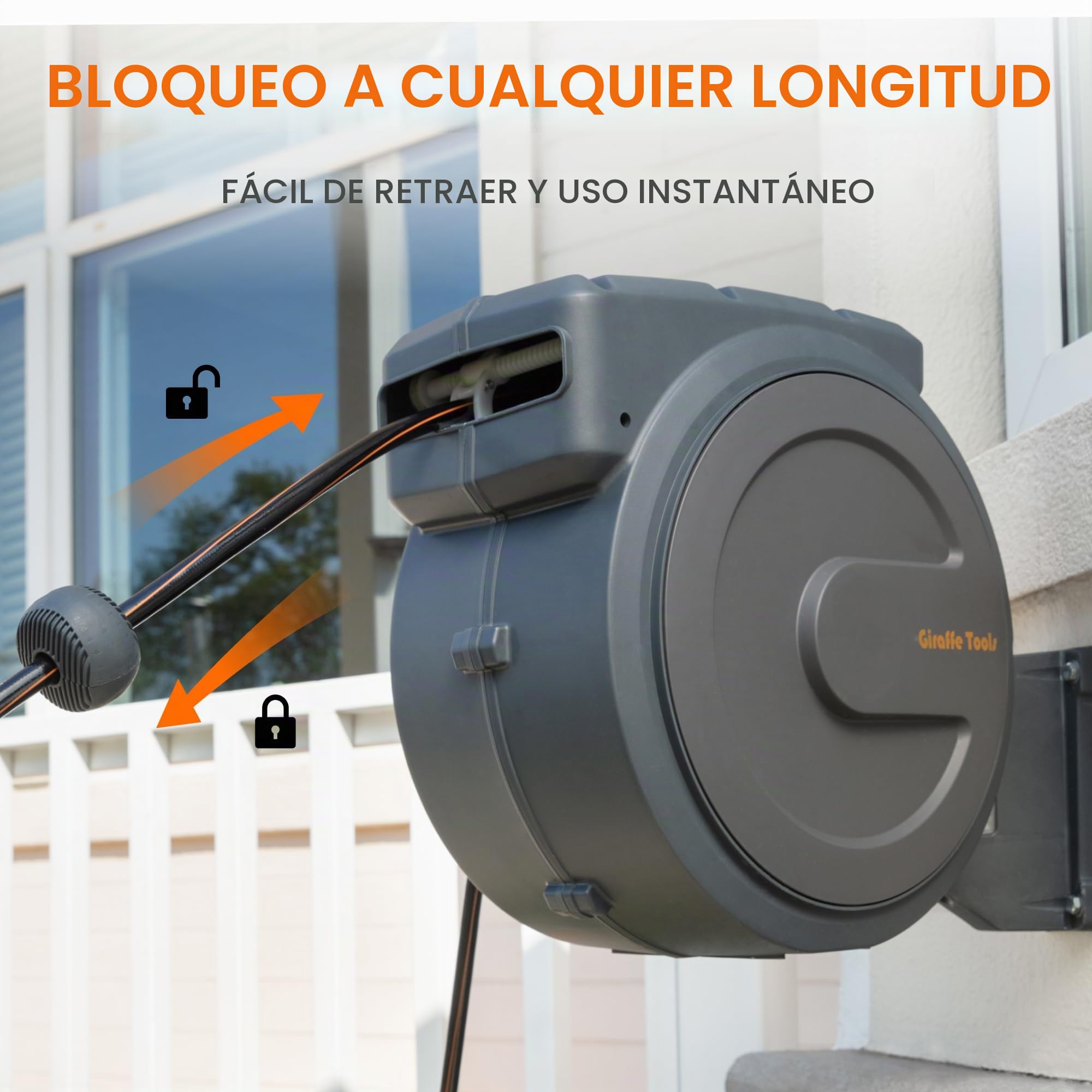 Giraffe Tools Enrollador de manguera retráctil de montaje en pared, 25 + 2 m, giratorio a 180° con boquilla de pulverización 7 en 1