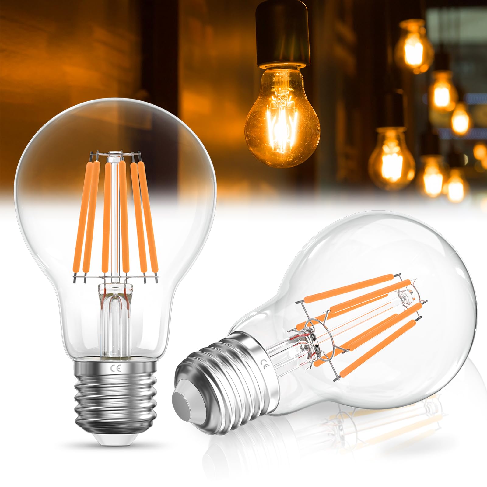 Luxvista 8W E27 LED Filament Bulb, Ultra Warm White 2200K Dimmable Amber Light A60 GLS Vintage Edison Screw LED Bulbs for Chandelier, 60W 80W Bulbs Equivalent(2-Pack)