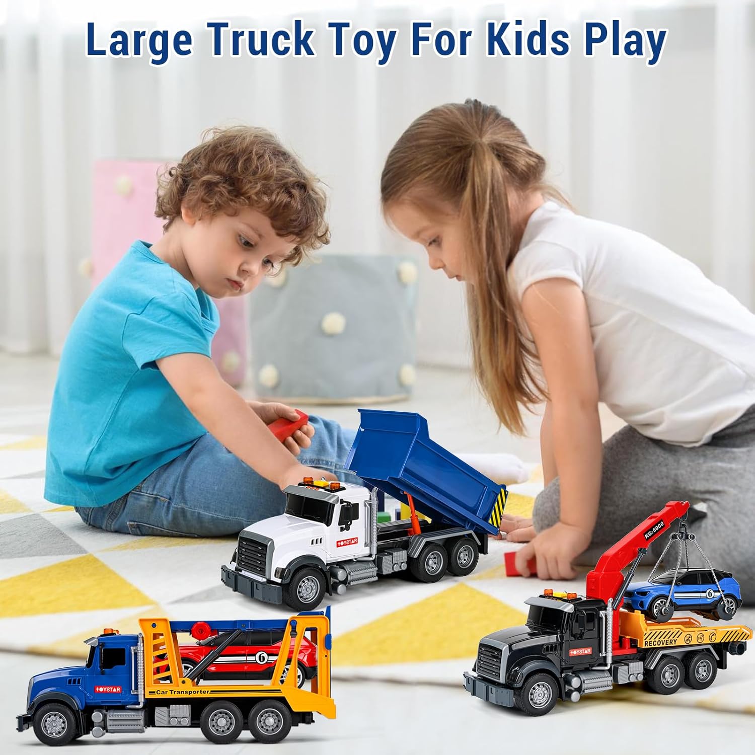 3 Pack 12'' Large Trucks Toy Set,Transport Tow Truck Toy & Dump Trucks and Car Carrier Truck Toys with Lights and Sounds,Friction Powered Movable Parts Kid Boys Toys for 3 4 5 6 7 Years Old