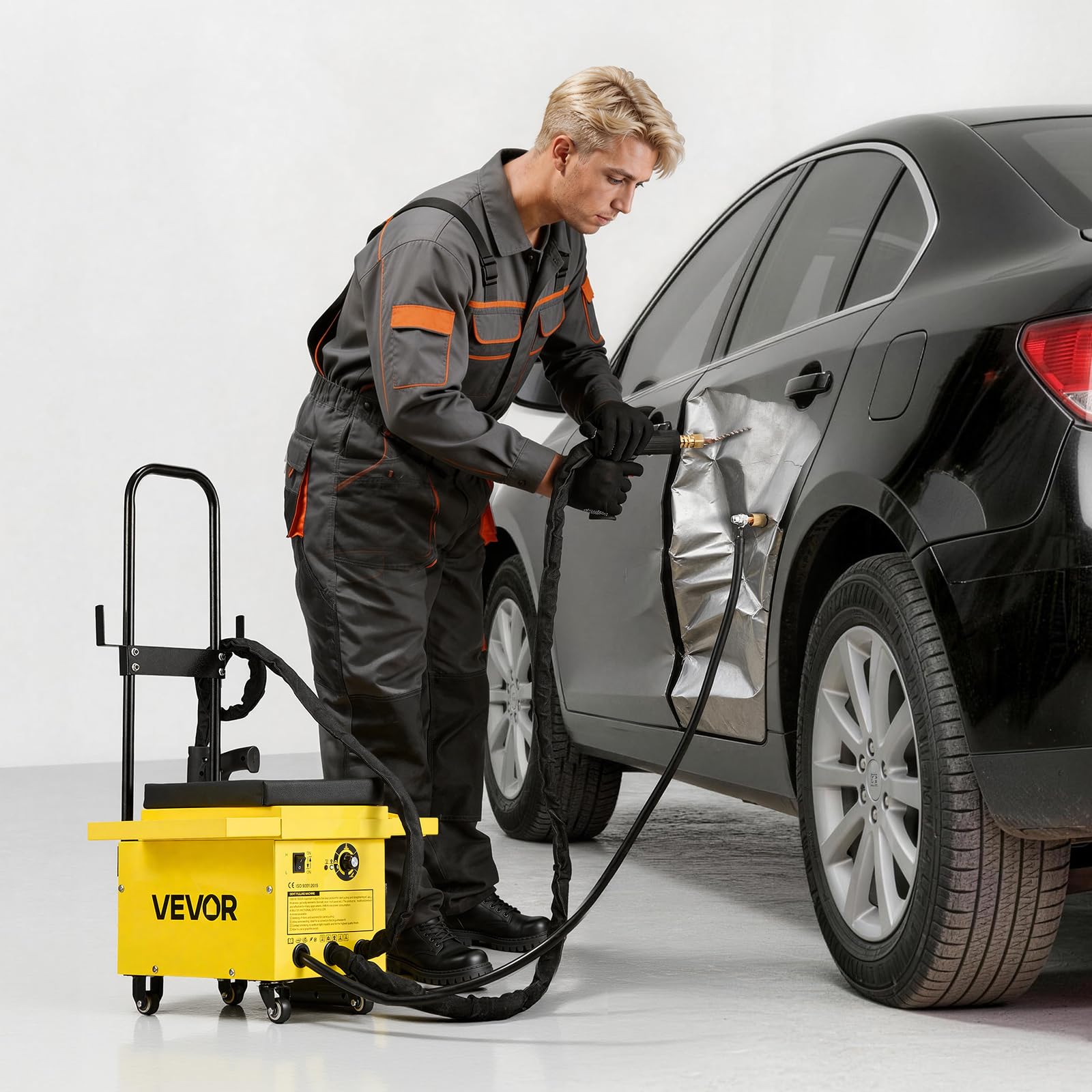 VEVOR Kit de Reparación de Abolladuras de 4,5 kW con Soldador de Pernos, 2 Pistolas, 6 Modos, Kit de Extractor de Abolladuras Coche 3500A/3900A con Ruedas, Asiento Acolchado para Carrocería Automotriz