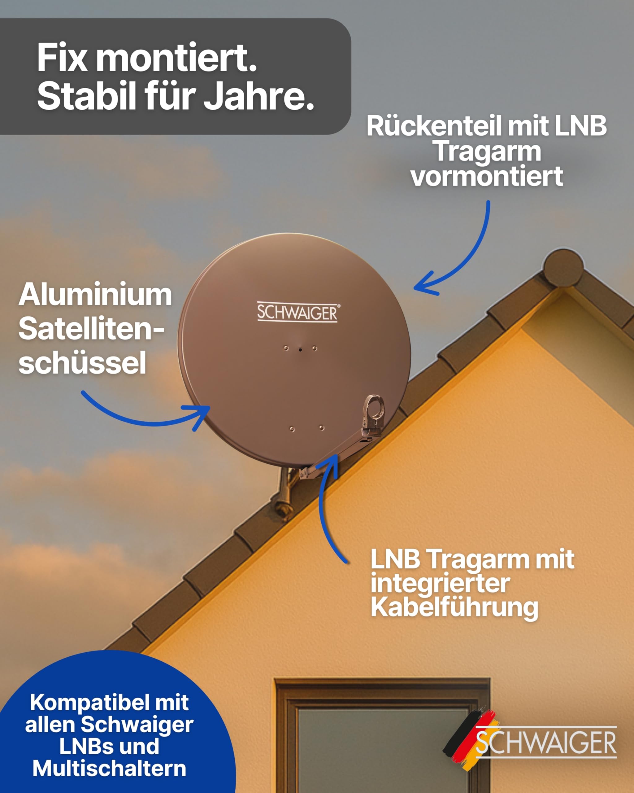 SCHWAIGER Satellitenschüssel Komplettset Ø 88 cm Aluminium Offset Antenne Anthrazit Quad LNB 4-Fach Digital HD 4K Empfang wetterfest