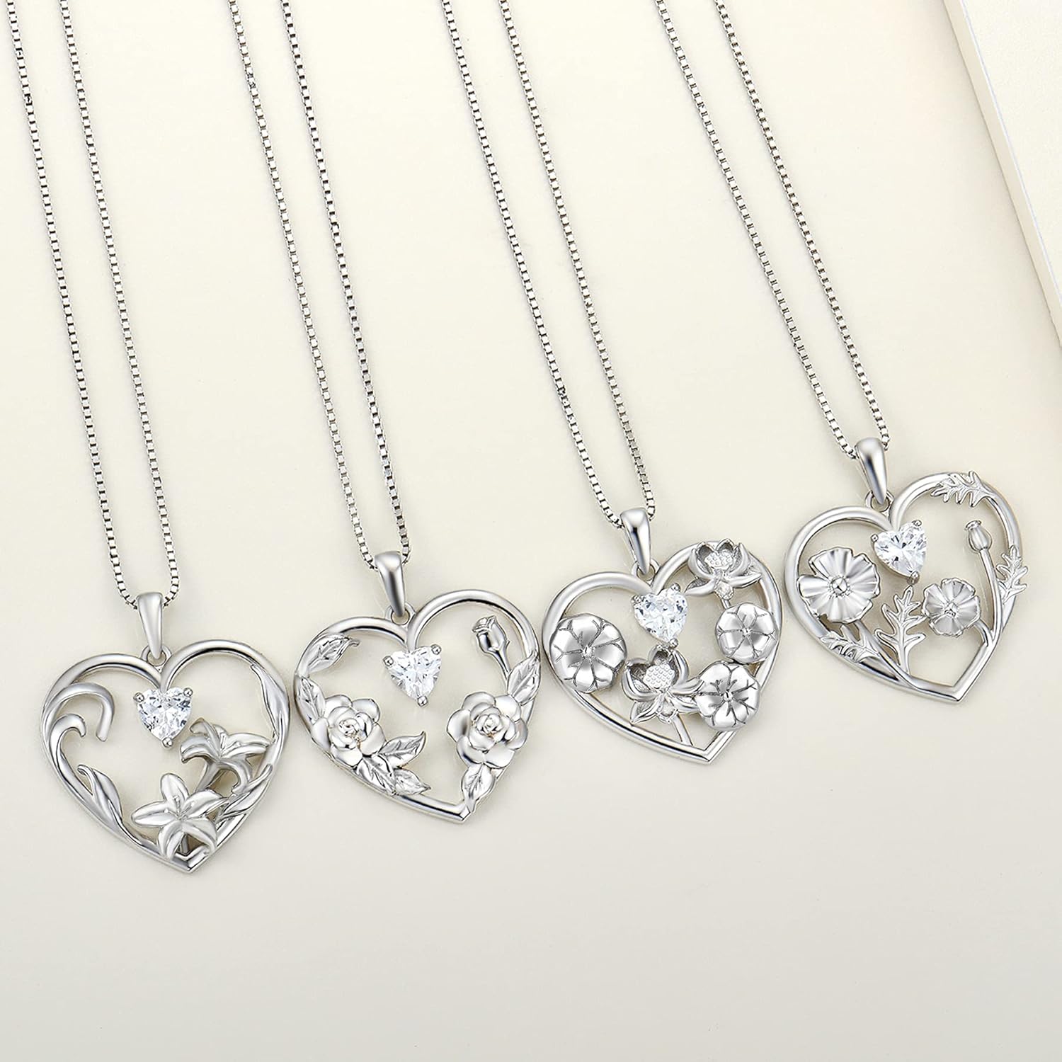 YL Women's Birth Flower Necklace 925 Sterling Silver Love Heart Pendant Gemstones Jewelry - Image 4
