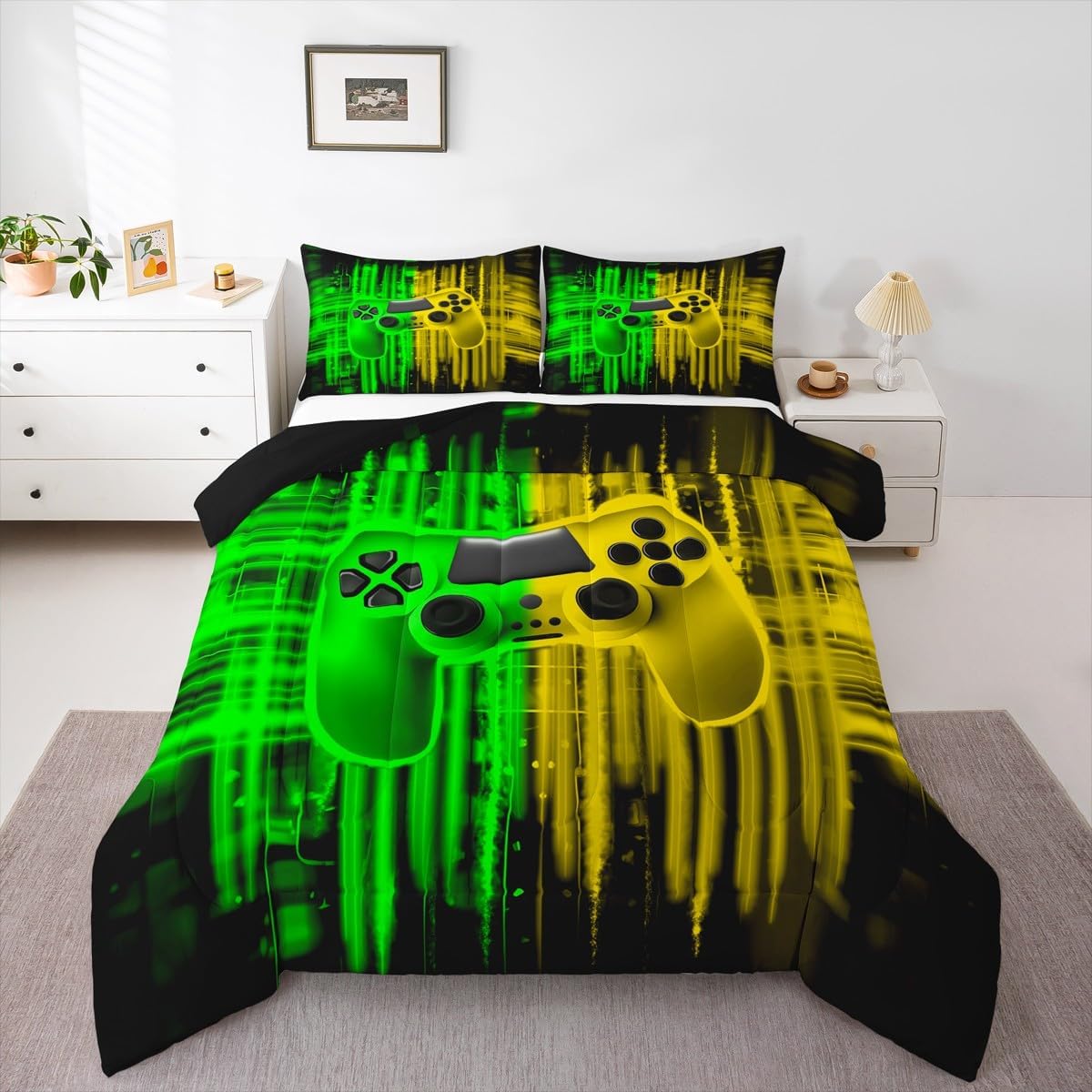Erosebridal Queen Size Bedding Set for Boys' Rooms - Gamer Comforter Set for Kids Teens,Mens Gaming Quilt Set for Toddler Child Game Room Decor(Yellow Green)